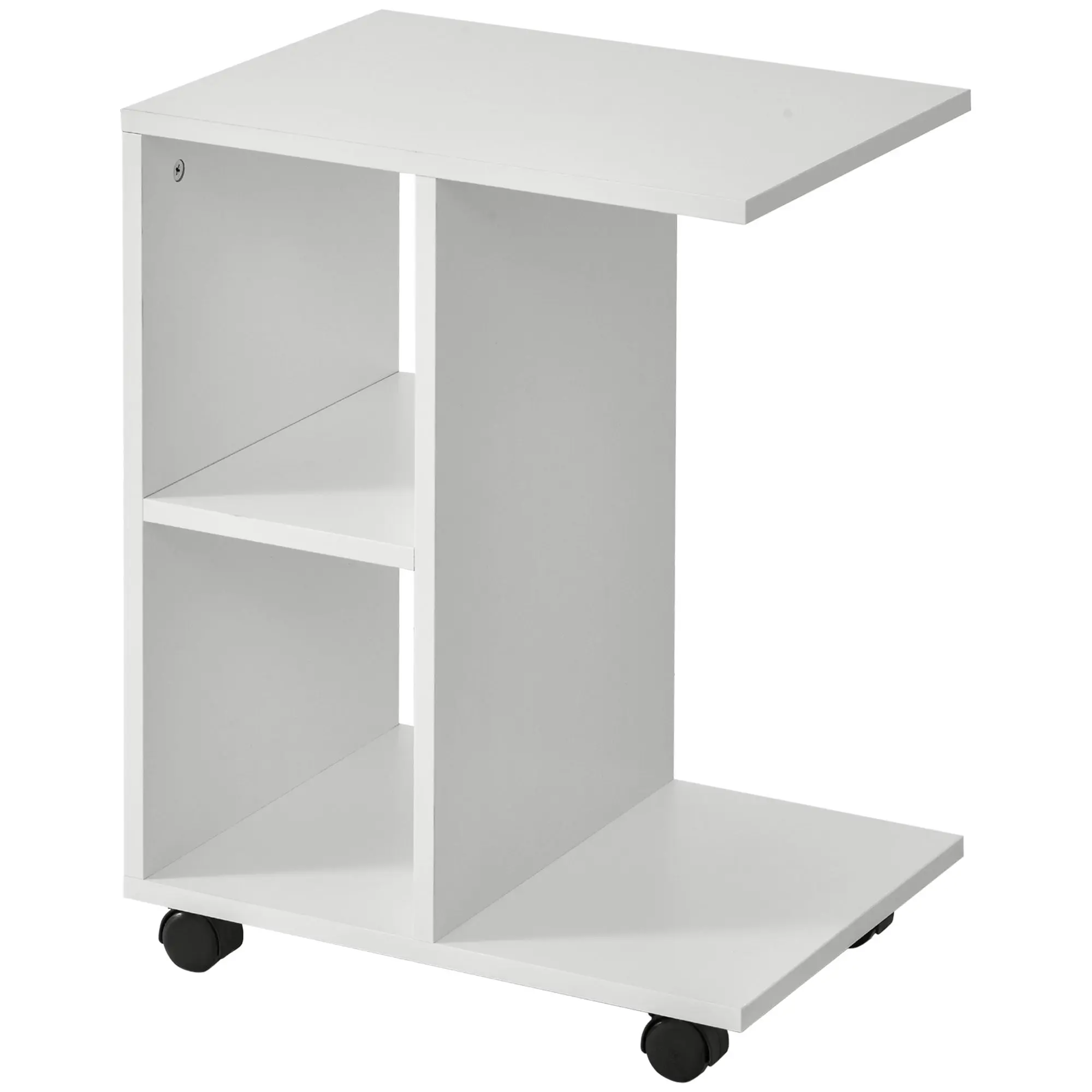 Modern Small Side Table C-Shaped Side Table with Wheels Open Shelves for Living Room Bedroom 45x35x58 cm White