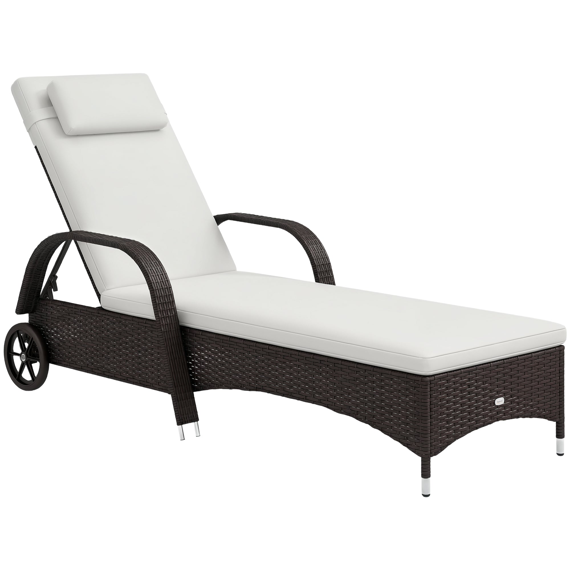 Outsunny Polyrattan Napozóágy 5-fokozatú Állítható Háttámlával, Párnával, Kerekekkel, 160kg Teherbírással, Napozóágy Kerthez, 200x73x30-103cm, Kávébarna