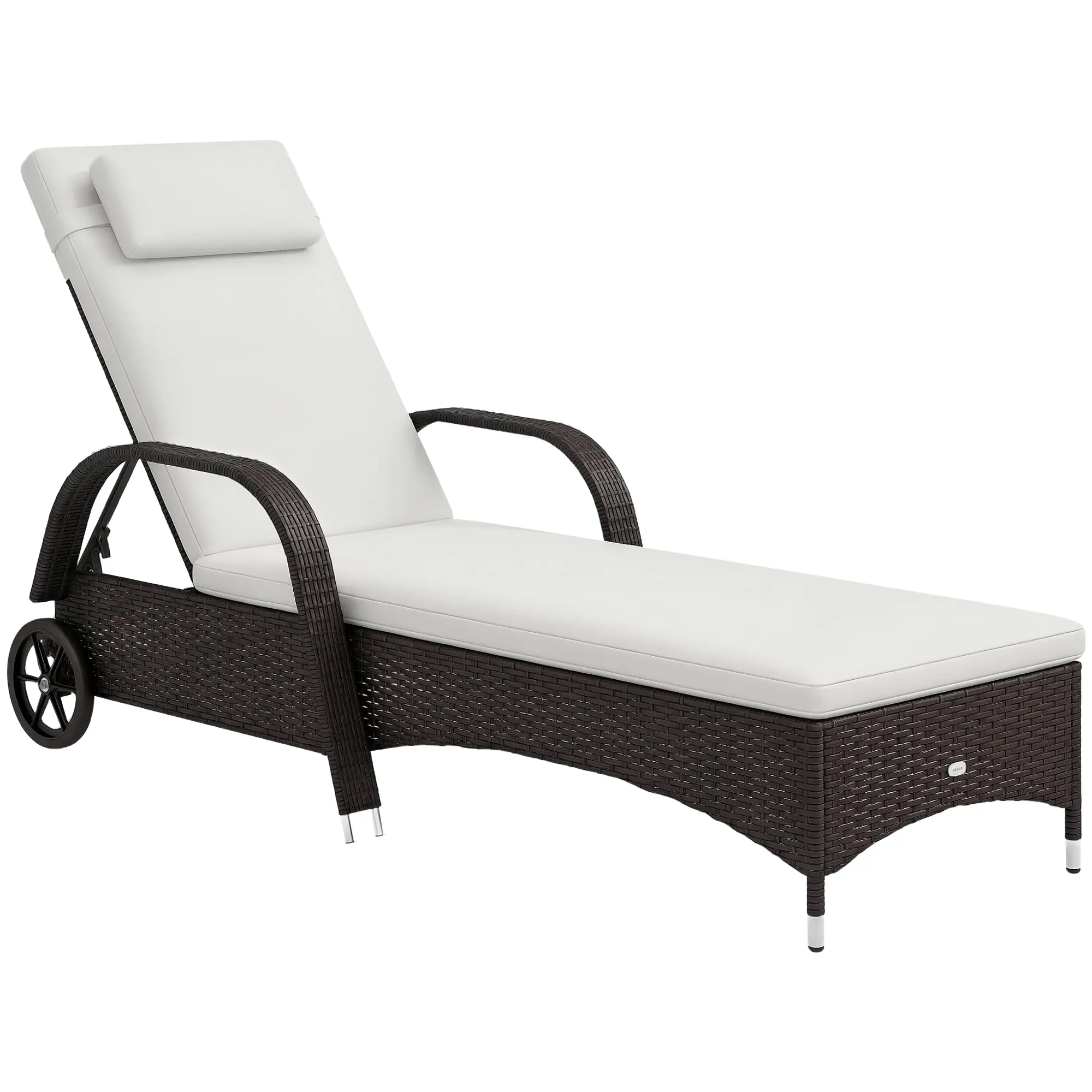 Sun Lounger Polyrattan Garden Lounger with 5-way Adjustable Backrest, Cushion, Wheels, Pillow, 160kg Load Capacity Recliner Sunbed for Garden, 200x73x30-103cm, Coffee Brown
