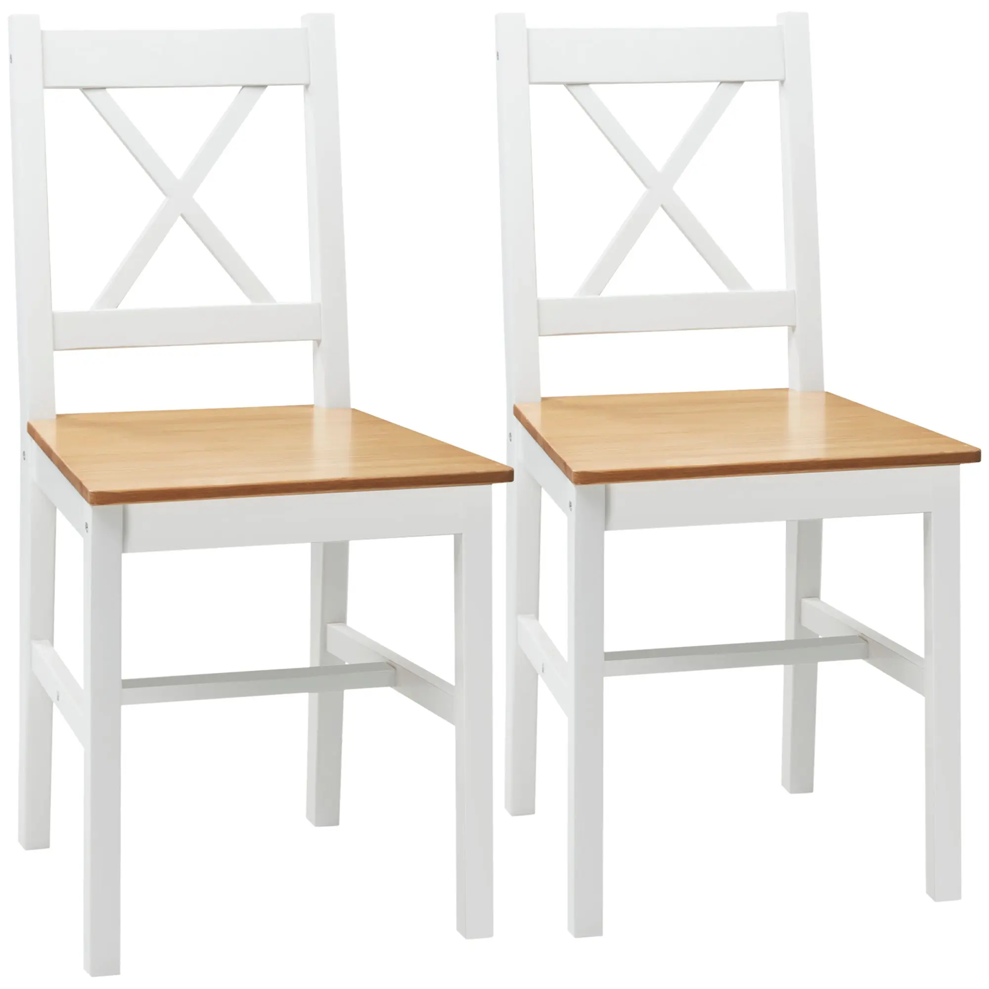 Set of 2 dining chairs made of solid wood, kitchen chairs in country style with crisscross backrest in white and oak
