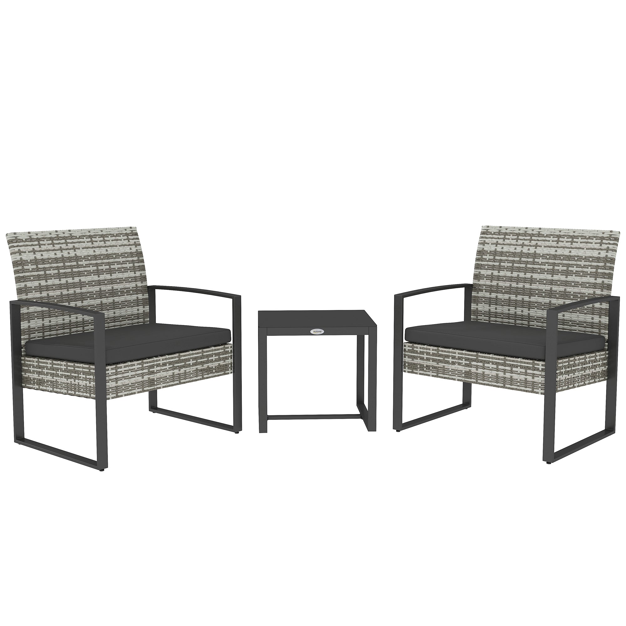Outsunny 2-sits Trädgårdssats 3 Delar 2 Stolar med Kuddar + Kaffe Bord med Tempererat Glas Top Woven Resin Rattan Imitation 4 Strängar Ljusgrå
