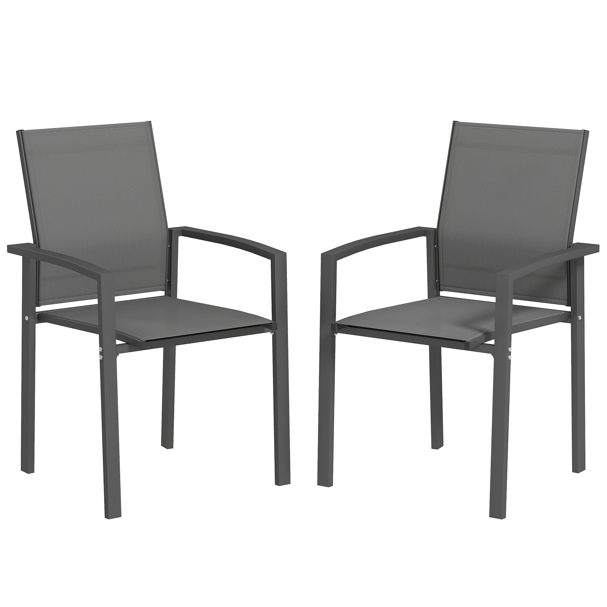 Set of 2 Outdoor Garden Chairs Patio Exterior Stackable Dining Chairs with Breathable Fabric Steel Frame Armrests and Backrest 56x58x89 cm Dark Gray