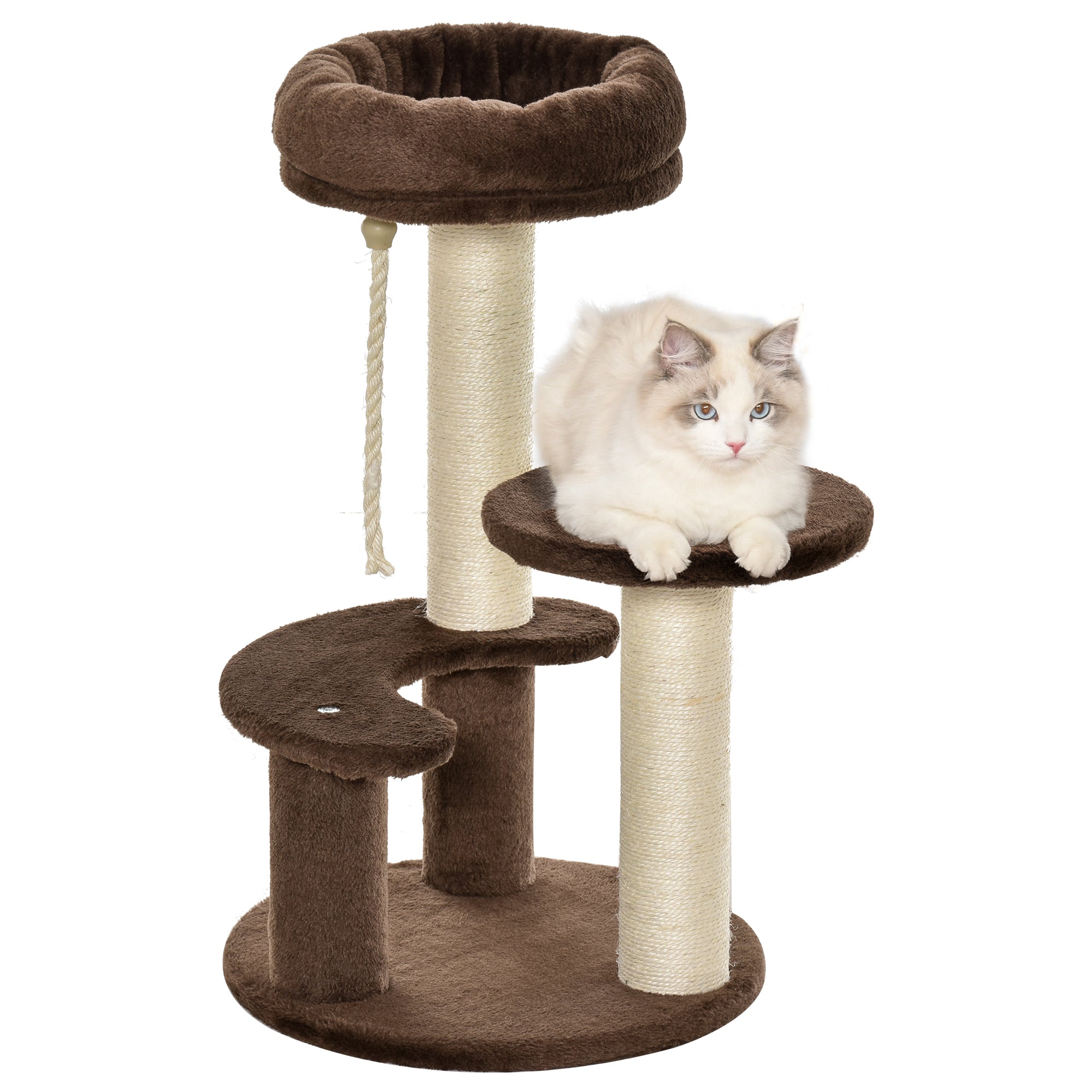 PawHut 3-Etagen Kéierkratzpost mat Plattforme, Bett an Sisal Posts, Kéierturn mat Plüschummantlung, Ø40x65 cm, Braun