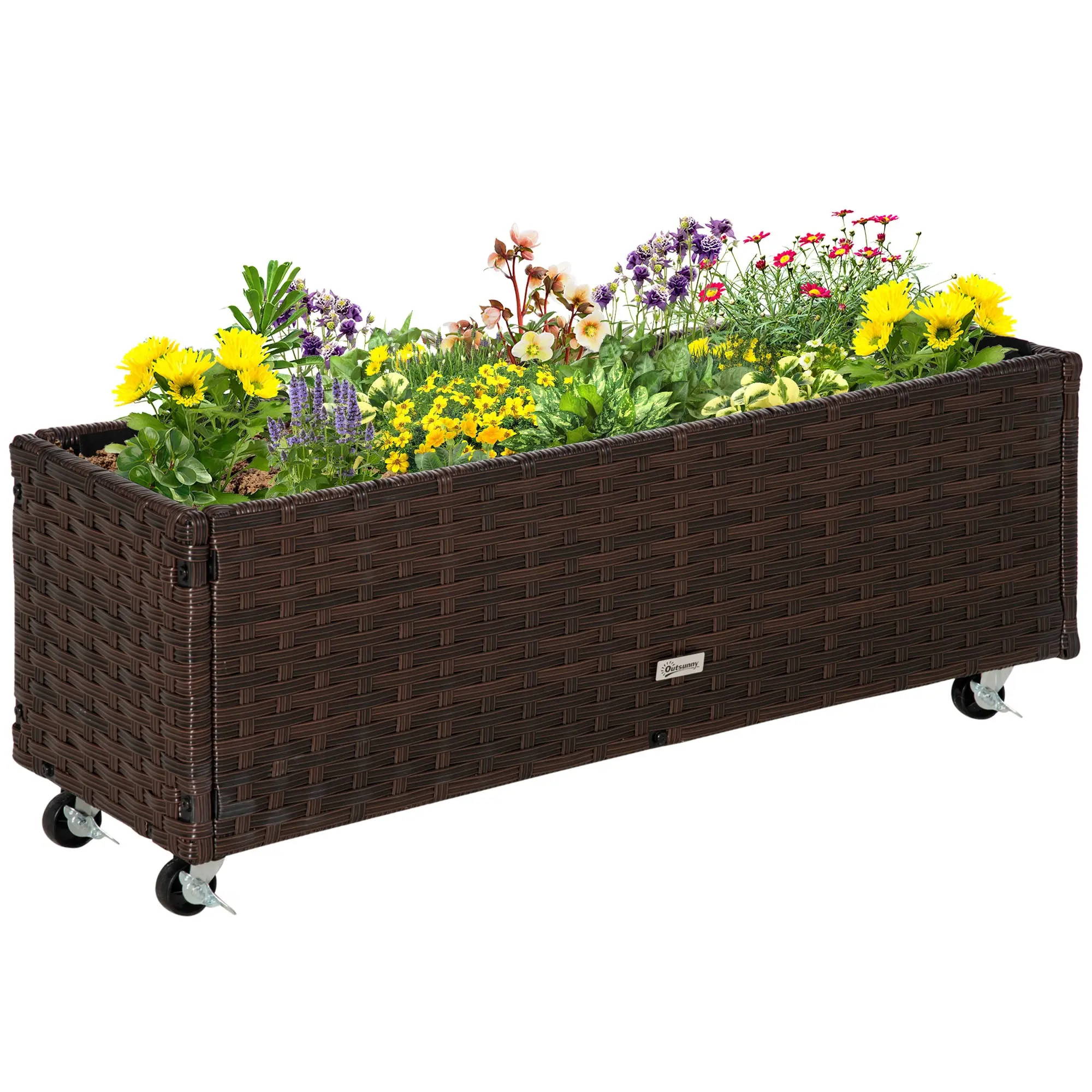 Raised Bed Poly Rattan with Wheels Planter Box with Drainage Holes Flower Pot Coffee-Brown 94.5 x 31 x 36 cm