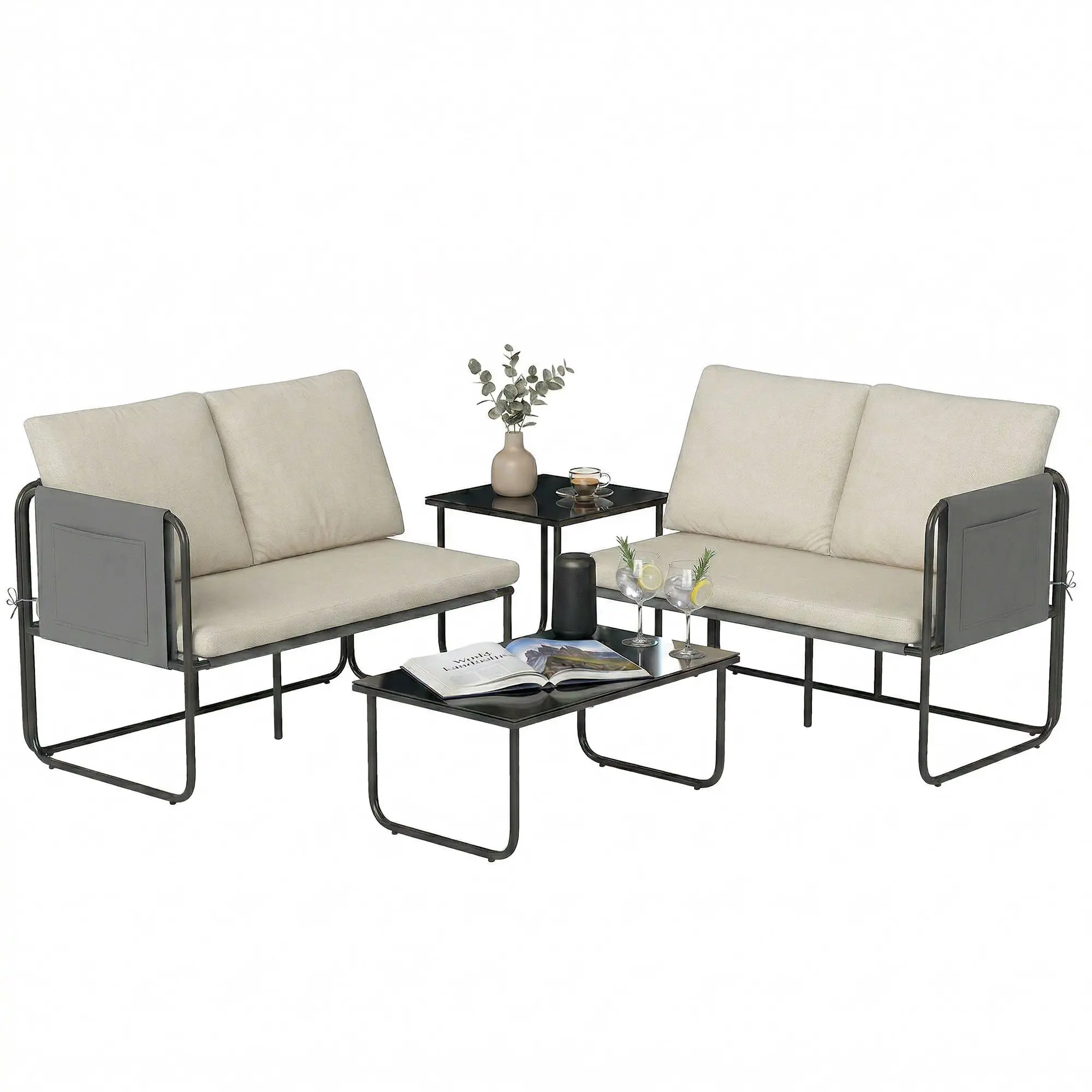 4-Piece Outdoor Garden Set – 2 Two-Seat Sofas, Tempered Glass Tables, Removable Cushions, Breathable Textilene, Steel Frame (Khaki)