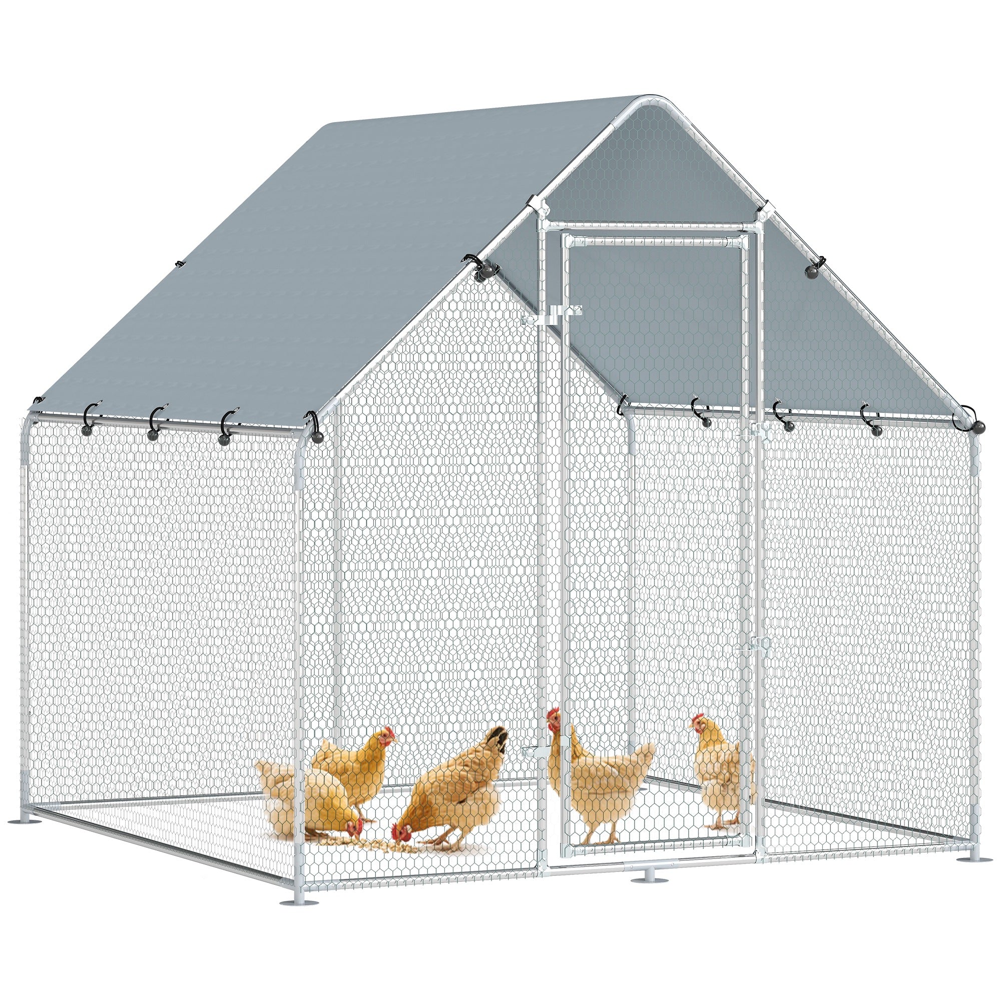PawHut begehbares Hühnergehege 2 x 2 x 2 m – verzinkter Stahl, wetterfeste UV-Plane, abschließbare Tür – Silber