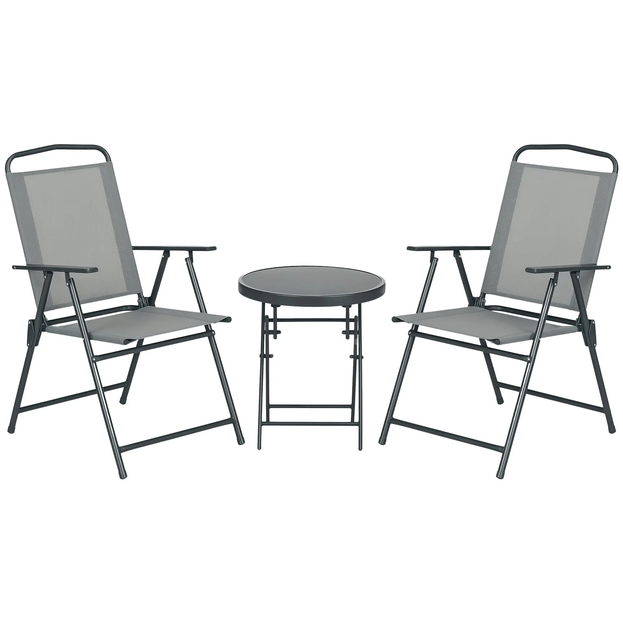 3-Piece Metal Bistro Set Weatherproof Garden Furniture Set with Folding Glass Table Outdoor Chairs Balcony Furniture Set Seating Group Balcony Set Garden Set Light Gray