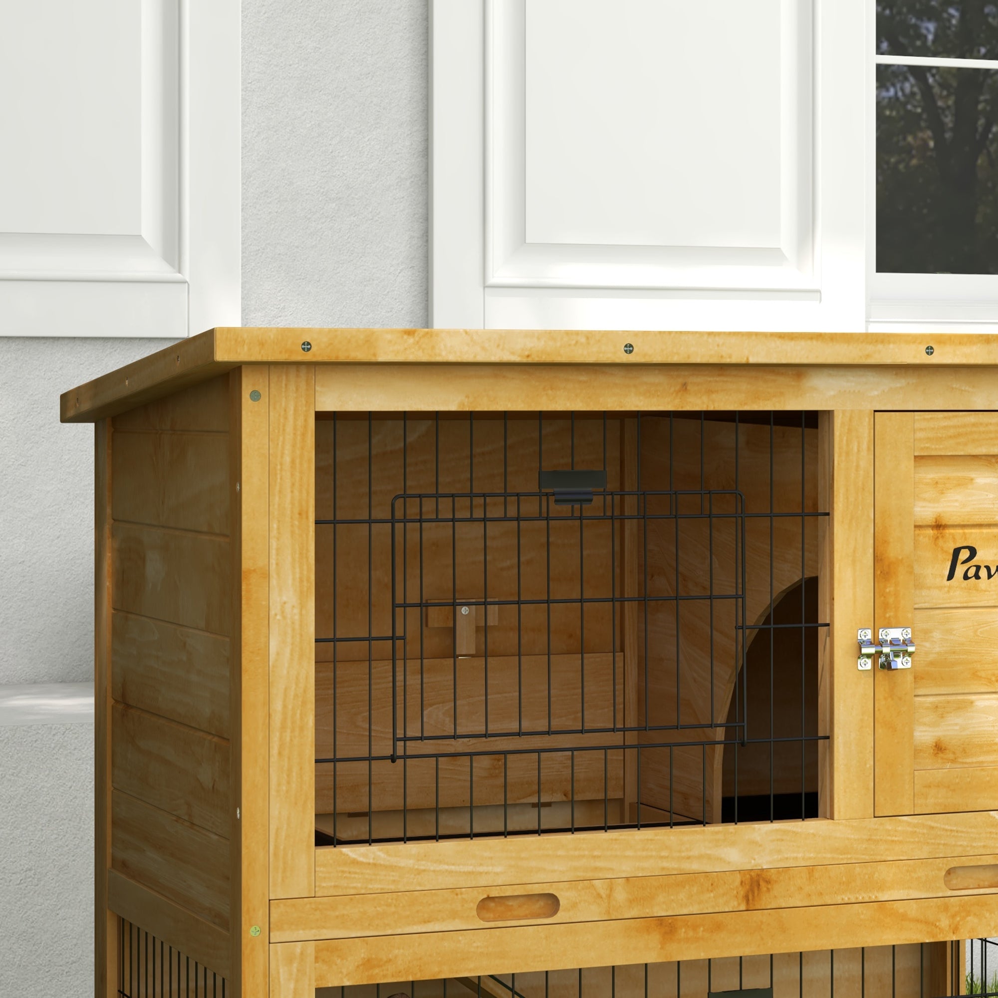 Rabbit Hutch Rabbit Cage 2 Levels with 3 Lockable Doors Sliding Tray Ramp and Bituminous Roof Solid Wood, 85 x 50 x 80 cm, Yellow
