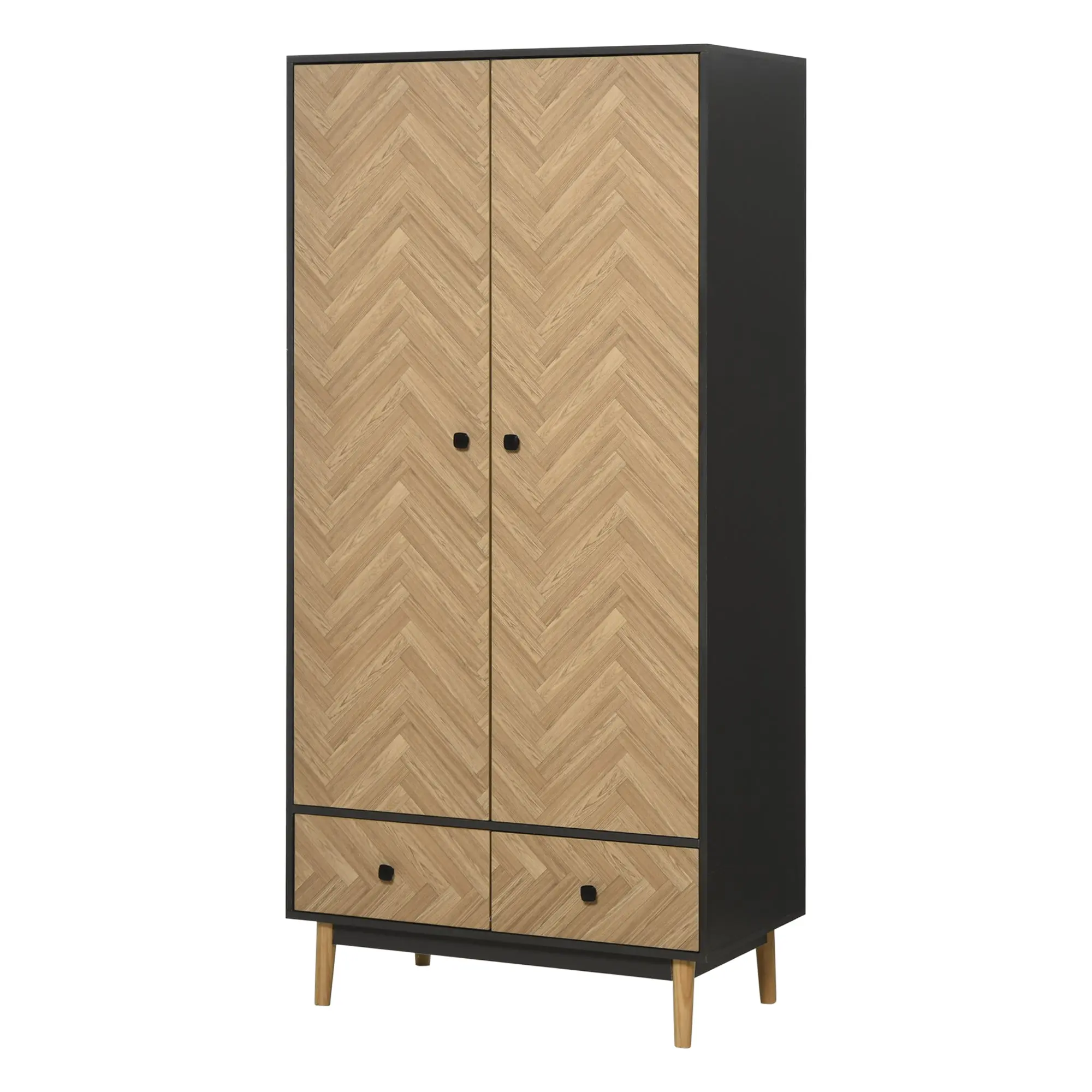 2-Door Wardrobe with Wooden Legs, 4 Compartments, 2 Drawers, and Hanging Rail for Bedroom in Chipboard Wood, Dark Grey, 90x50x190cm