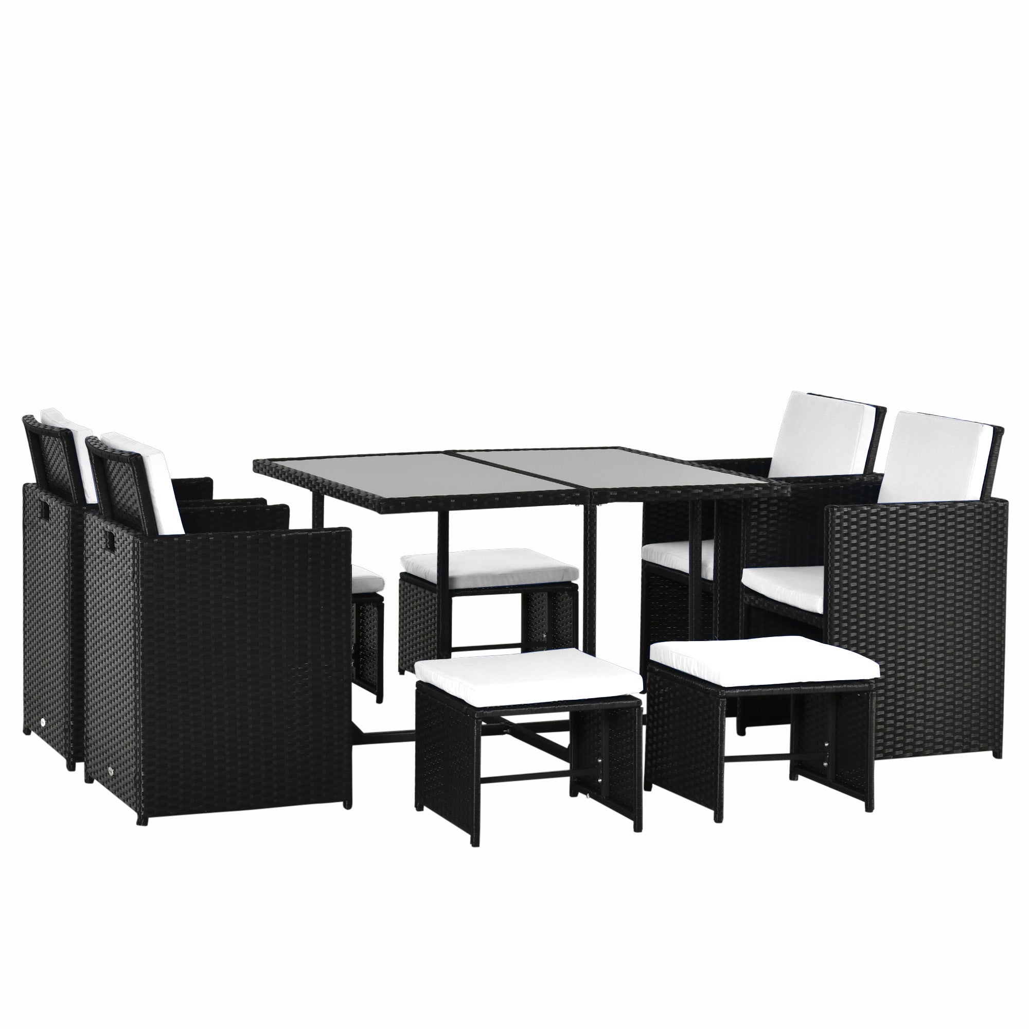 Outsunny 9 kos. Poly Rattan vrtno pohištvo - set za prehranjevanje z blazinami, črn, 109 x 109 x 71 cm