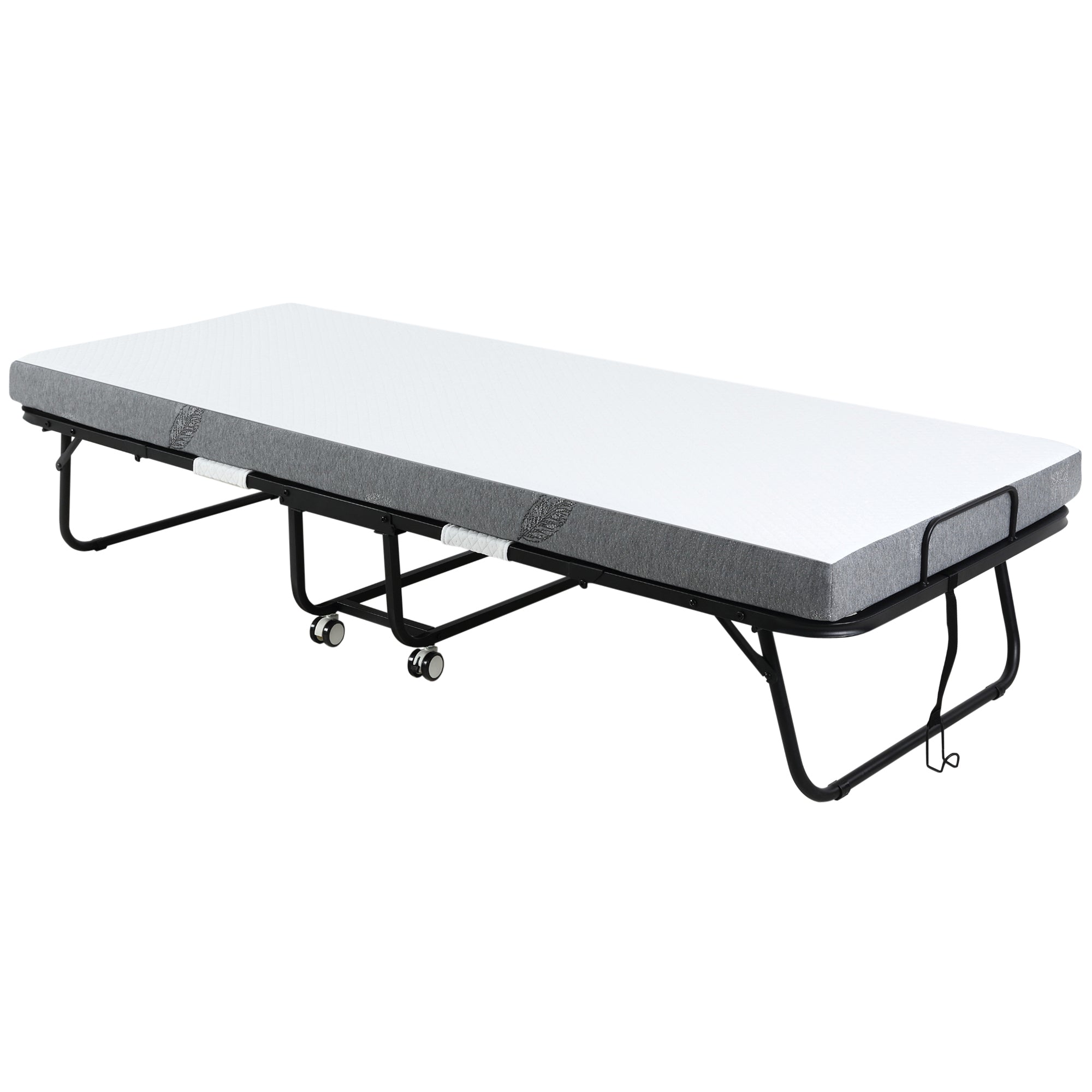 HOMCOM külalistevoodi kokkuklapitav voodi ratastel teras + vaht valge + must 200 x 80 x 42,5 cm