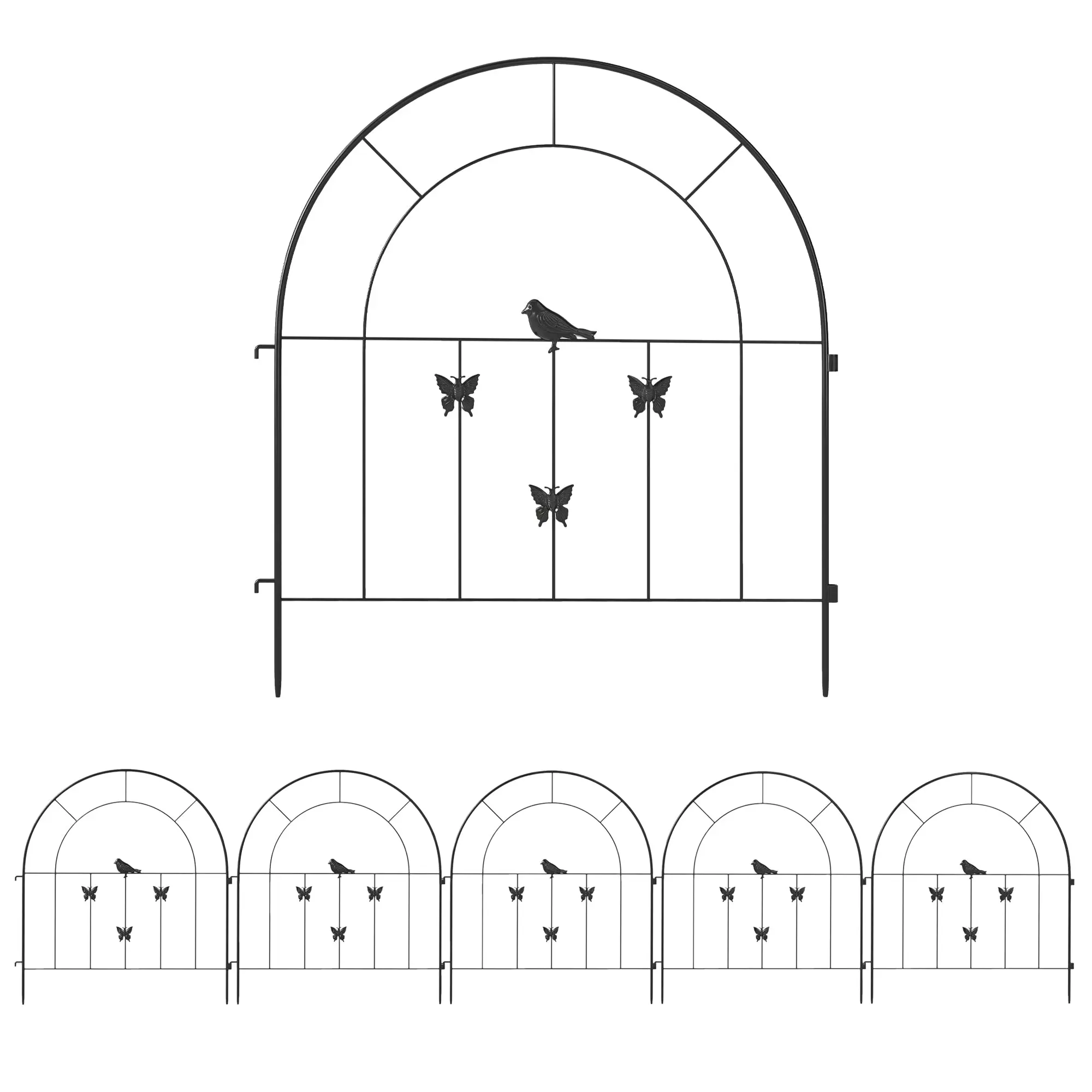 Garden Fence Steel 300 cm x 70 cm High Decorative Grid Fence Set Fence Panels Dog Fence Upper Arch Fence for Dogs Landscape Fence for Gardens Flower Beds Animal Barrier Outdoor Black