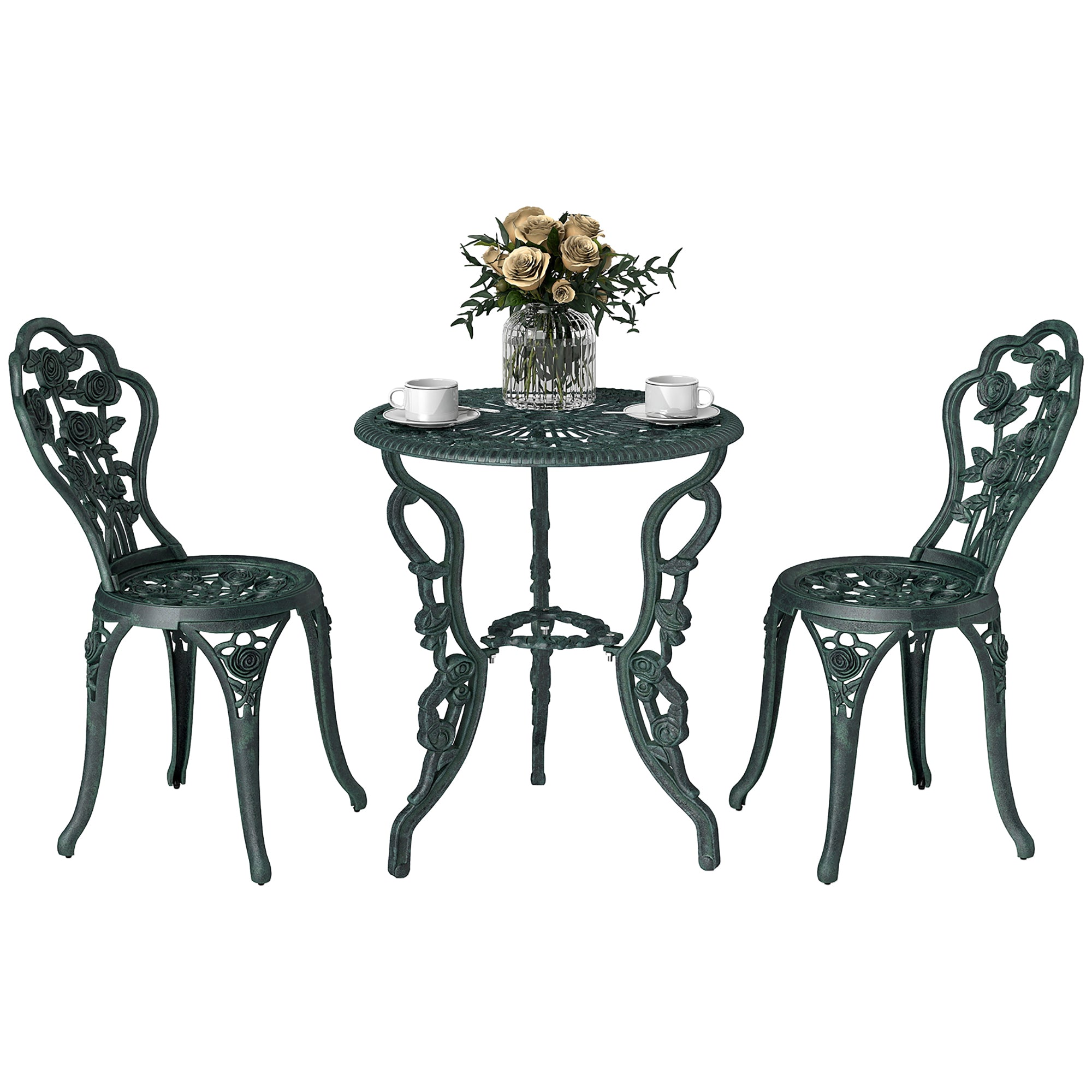Outsunny 2-Sitzer Gartenmöbel Set, 2 Stühle + Runder Tisch im Neo-Retro-Stil mit Rosendessin und eleganten Linien, Antique Grün