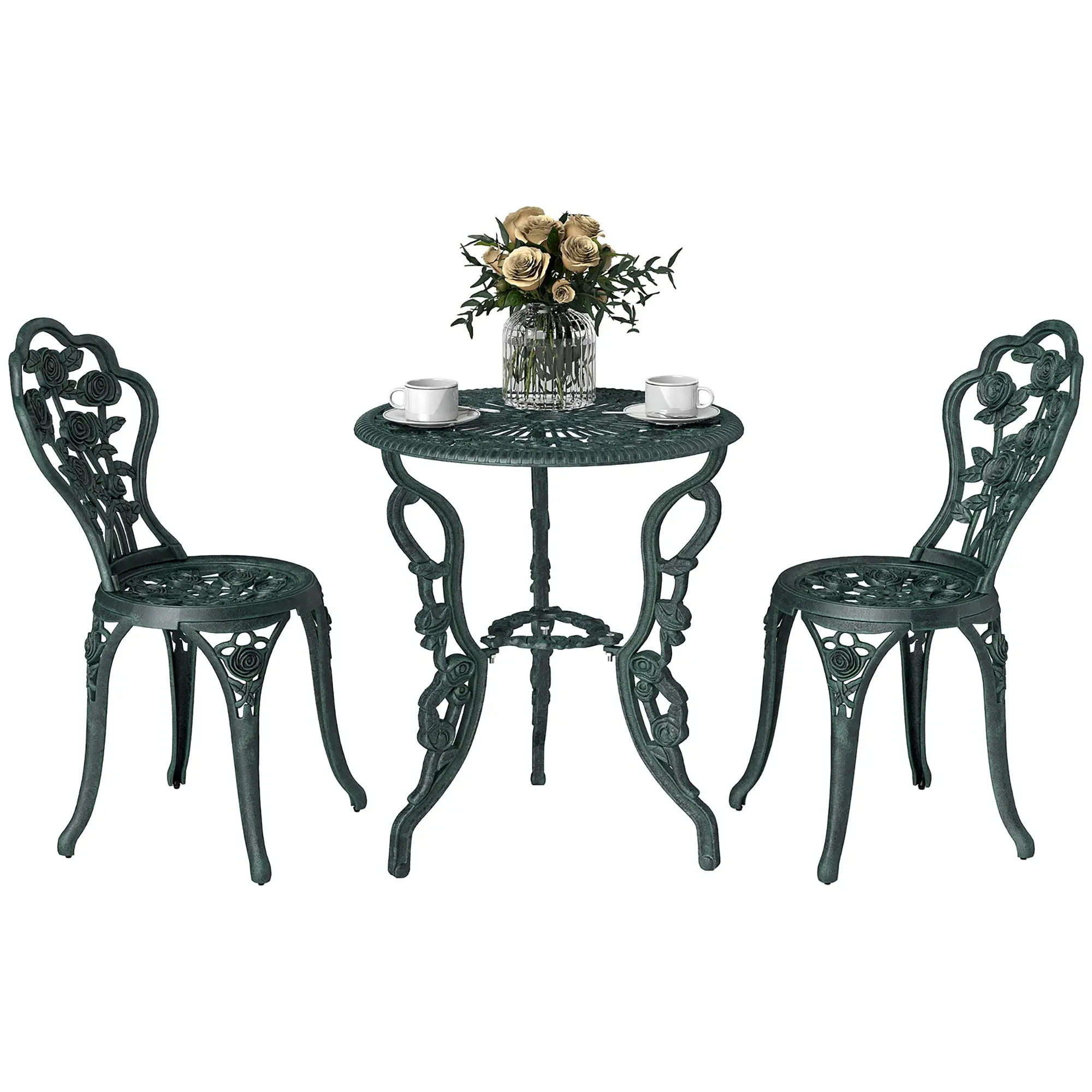 2-Seater Garden Bistro Set with Round Table, Neo-Retro Rose Pattern, Aluminum Outdoor Chairs & Table, Umbrella Hole, Antique Green