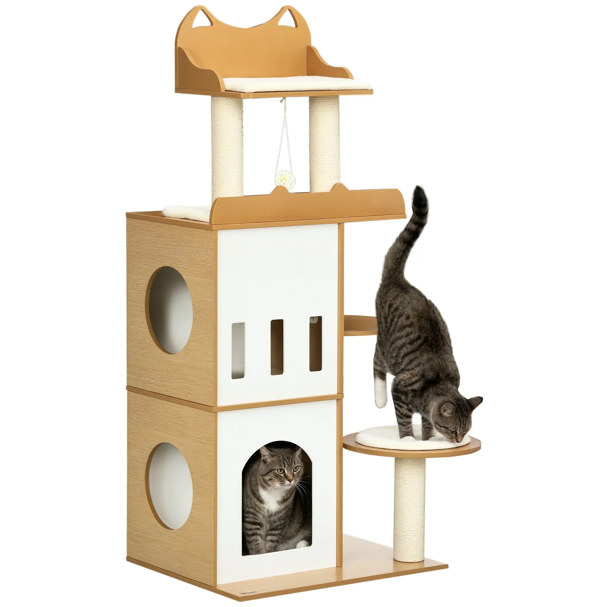 Cat Scratching Tree 133 cm Cat Tower Scratching Post with Caves Platforms Hanging Ball and Sisal Posts 60x48x133 cm Oak