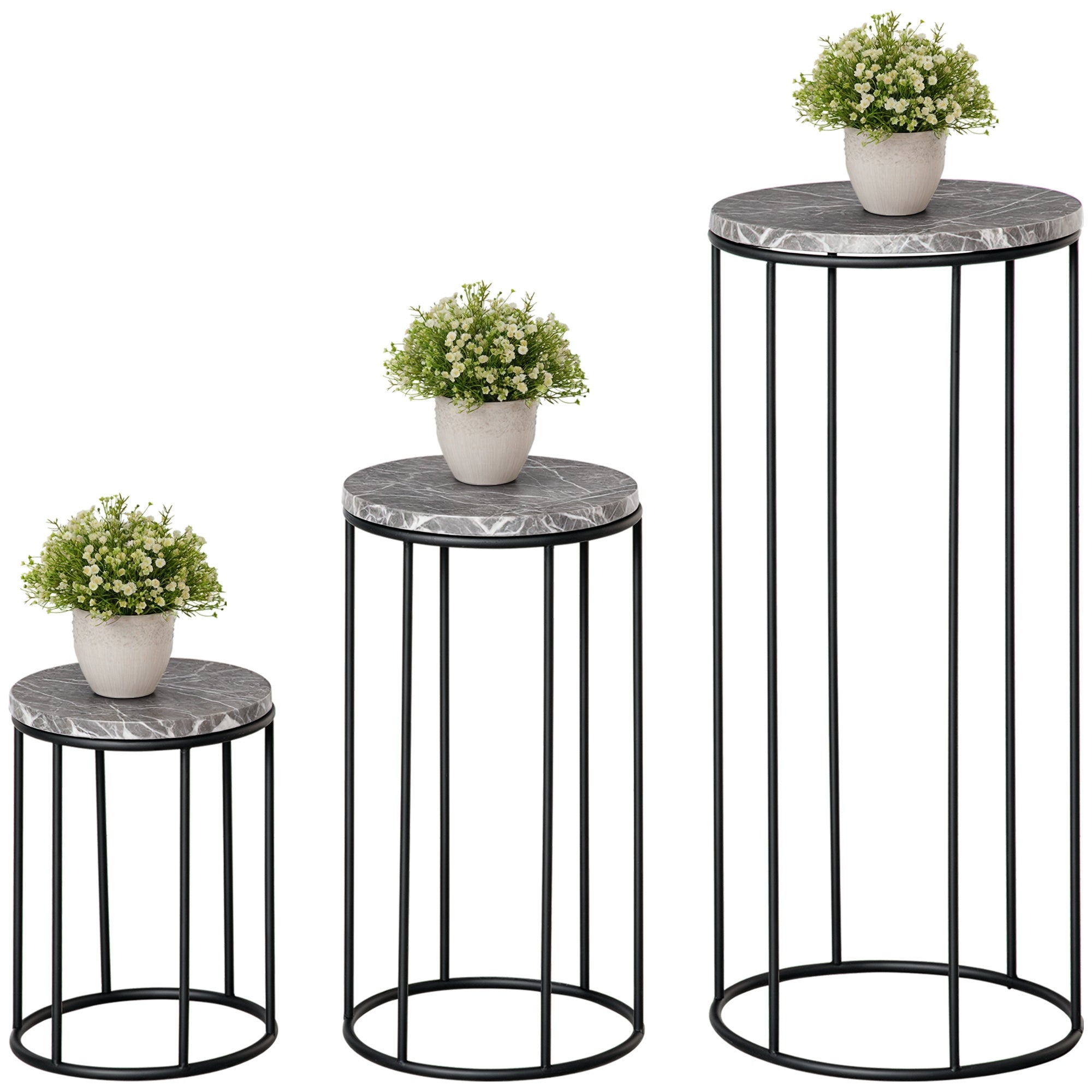 Flower Stand 3 Piece Set Made of Metal Plant Stand Set in Marble Look Flower Stool Flower Pot Holder Stackable Plant Stool for Flower Pot Black+Gray