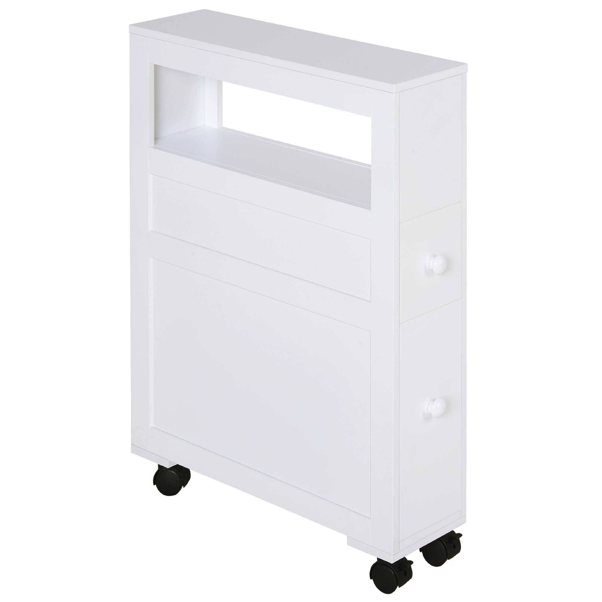 Narrow Bathroom Cabinet on Wheels Slim Rolling Storage Unit with 2 Drawers and Open Shelf Space Saving Bathroom Trolley Side Cabinet for Small Bathroom White 16 x 52 x 71.5 cm