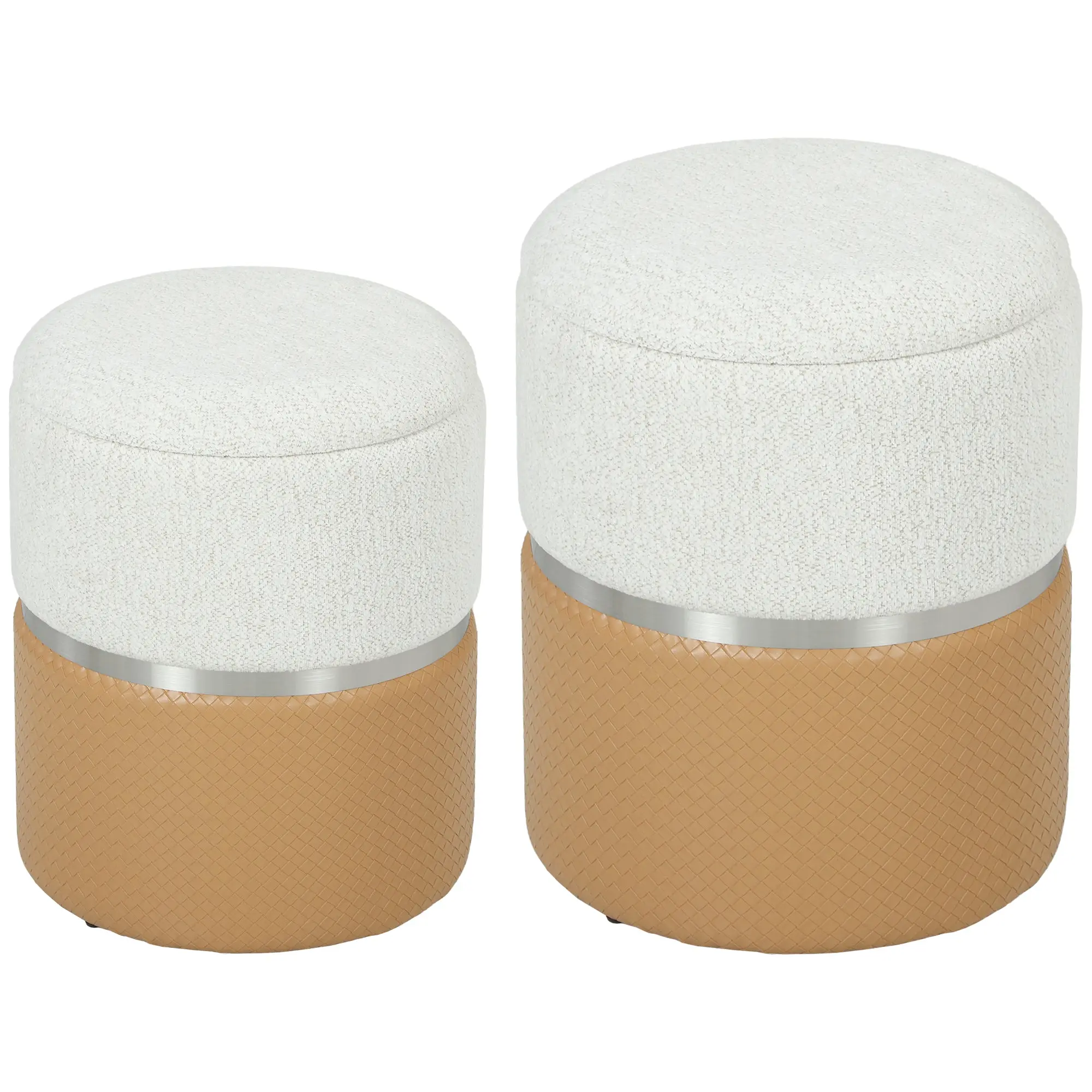 2-Piece Nesting Round Storage Ottomans — Chenille & PU, Padded Seats, Brown & Cream