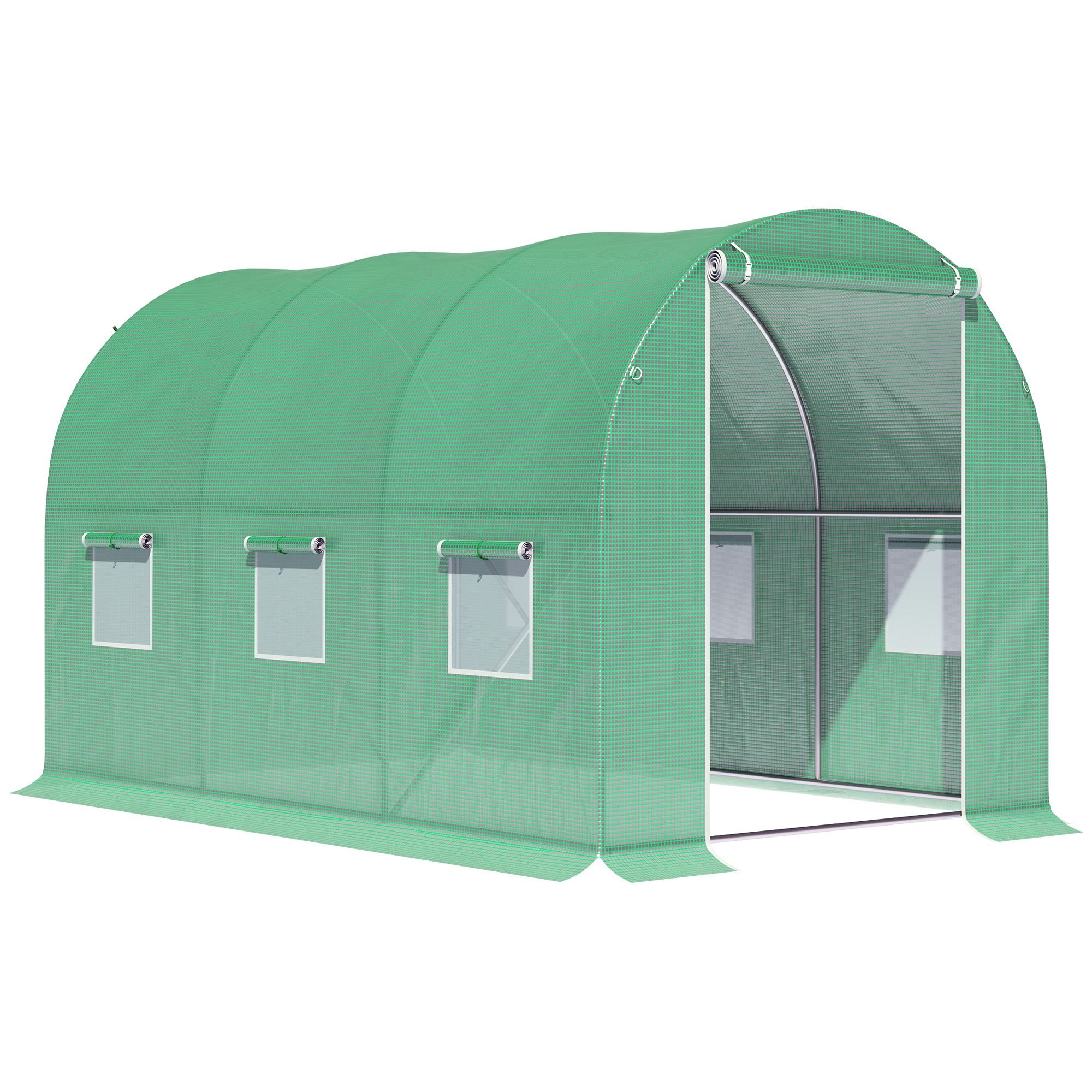 Garden Tunnel Greenhouse Ground Surface 6m? 3L x 2W x 2H m Reinforced Tubular Frame Zippered Door 6 Roll-Up Windows Green