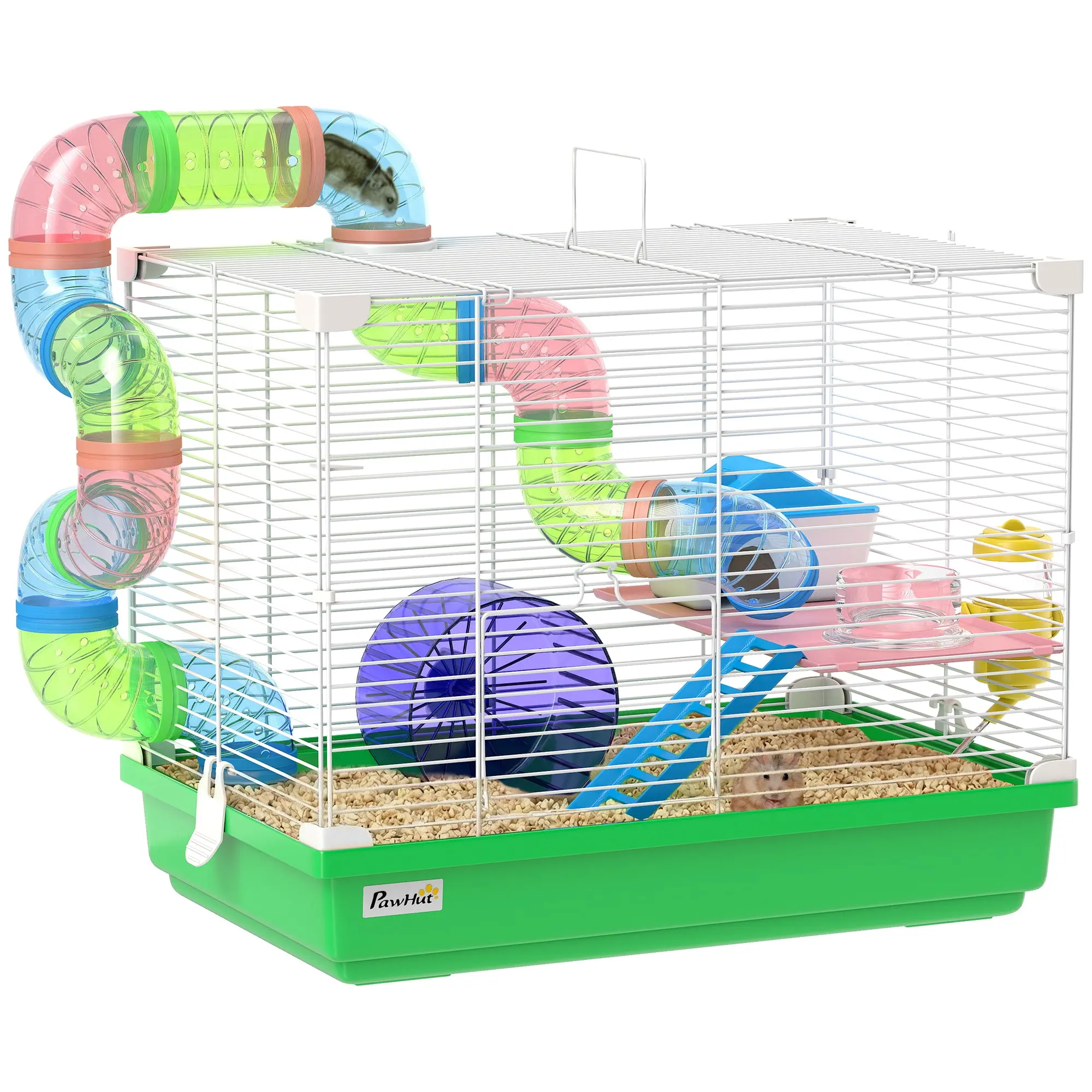Hamster Cage — Multi-Level Home with Tunnel, Bowl, Water Bottle, Hideout, Ramp, Exercise Wheel, Platform & Handle, Removable Tray — for Mice & Gerbils — 37 x 46 x 30 cm (14.6 x 18.1 x 11.8 in) — Green