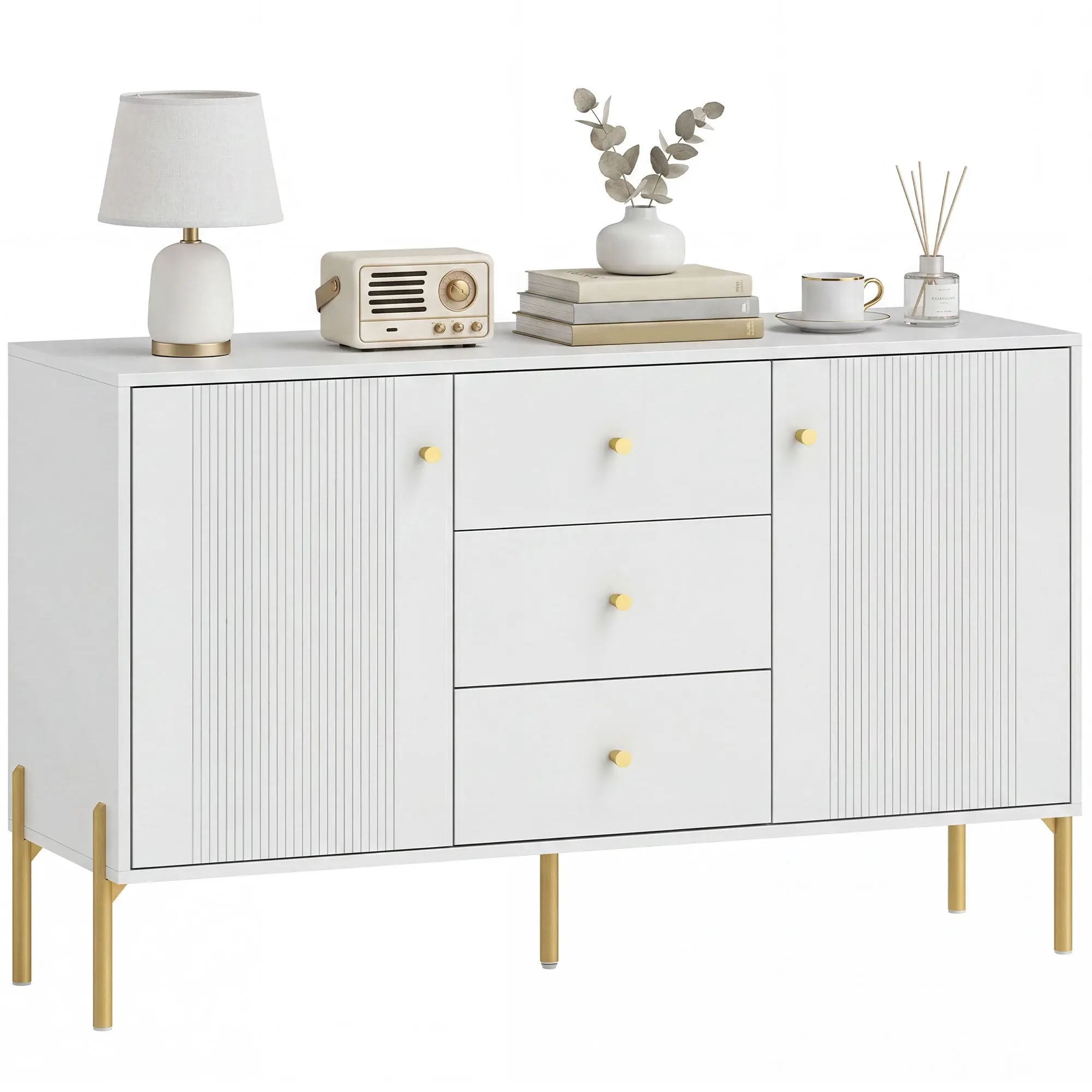 Modern 2-Door Sideboard, 3 Drawers, Adjustable Shelves, Marble-Effect Top, Steel Legs, White — 120 x 39.1 x 76 cm (47.2 x 15.4 x 29.9 in)