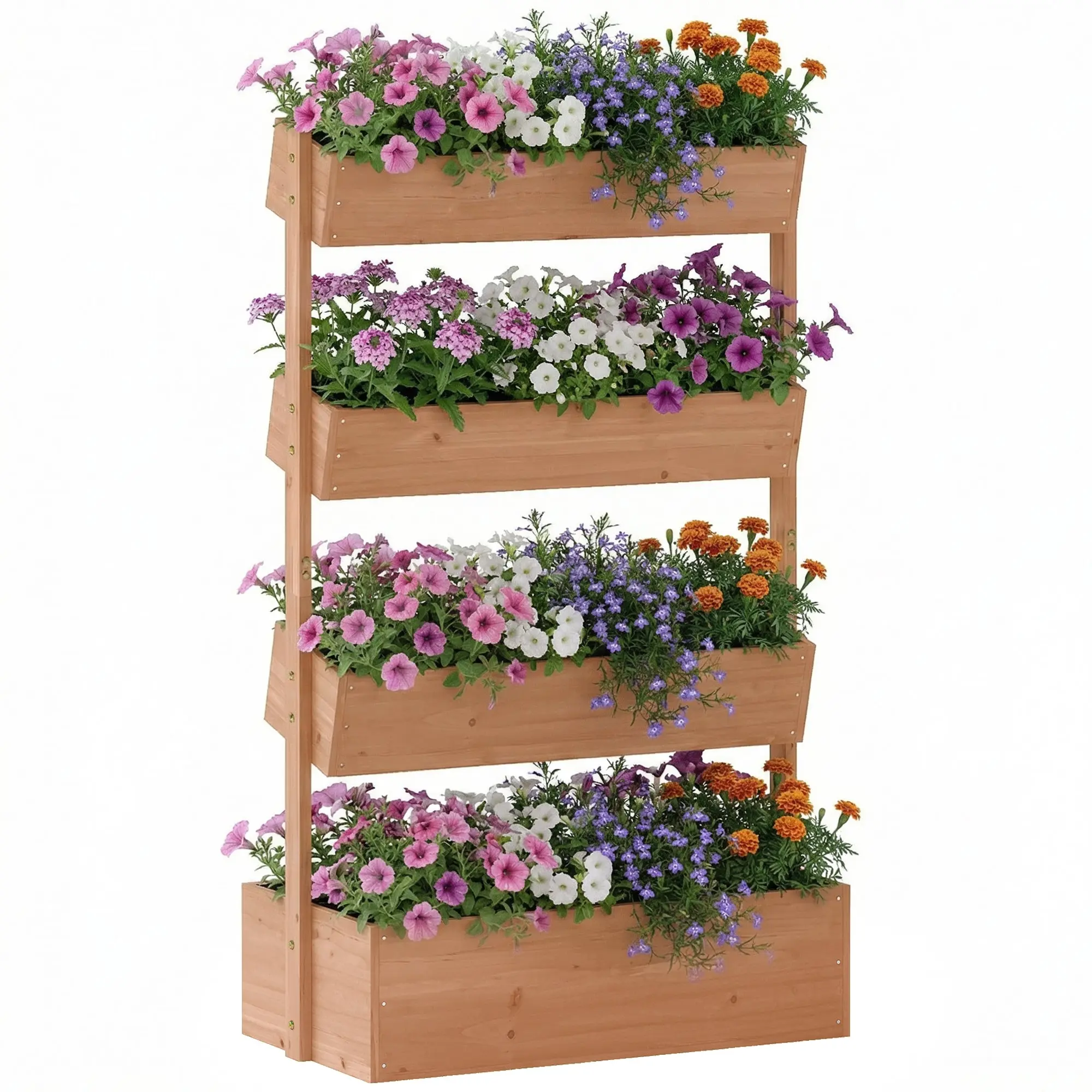 4-Tier Wooden Raised Planter with Drainage Holes & Non-Woven Liners, Outdoor Planter for Vegetables, Herbs & Flowers, 33.5 x 17.7 x 55.1 in (Reddish Brown)