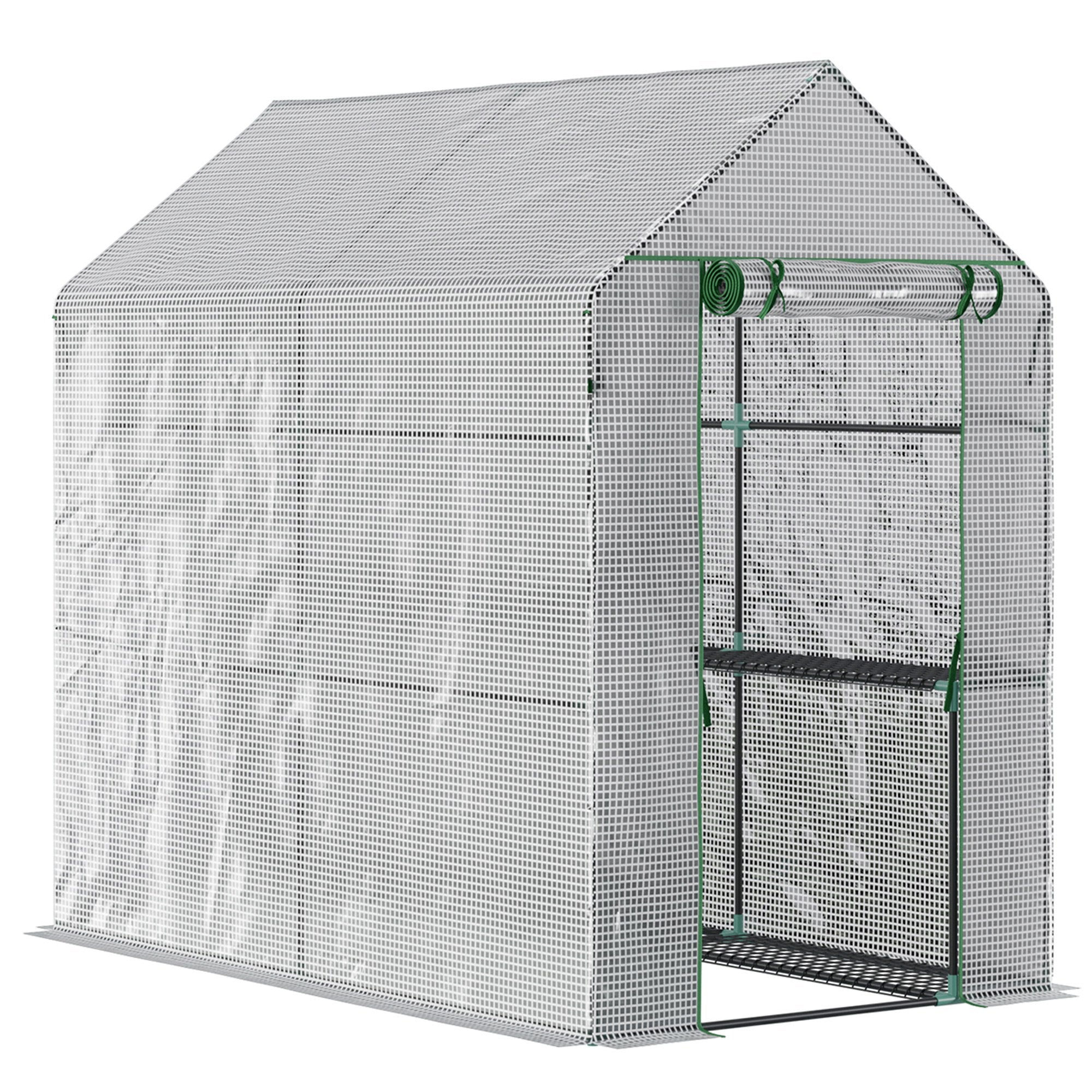 Garden Greenhouse with 4 Shelves Roll-Up Door PE Cover 140g/m? and Steel Frame for Crops Plants Pots Flowers 120x186x190 cm White