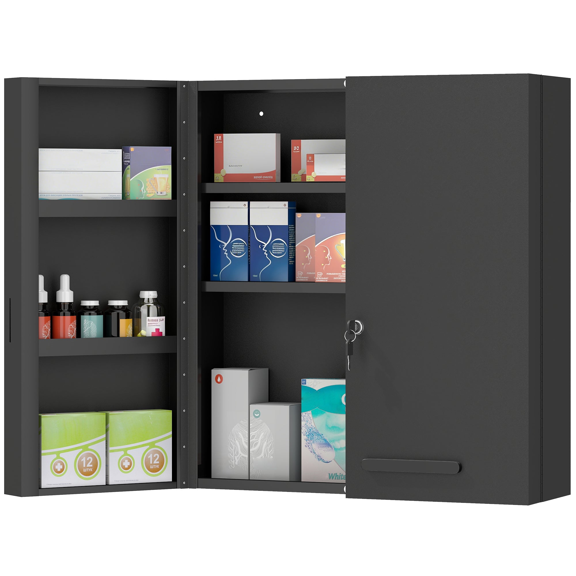 kleankin Abschließbarer Medizinschrank, 2-türig, 6 Ablagen, Erste-Hilfe-Schrank aus Stahl, 55 x 18 x 60 cm, Anthrazit