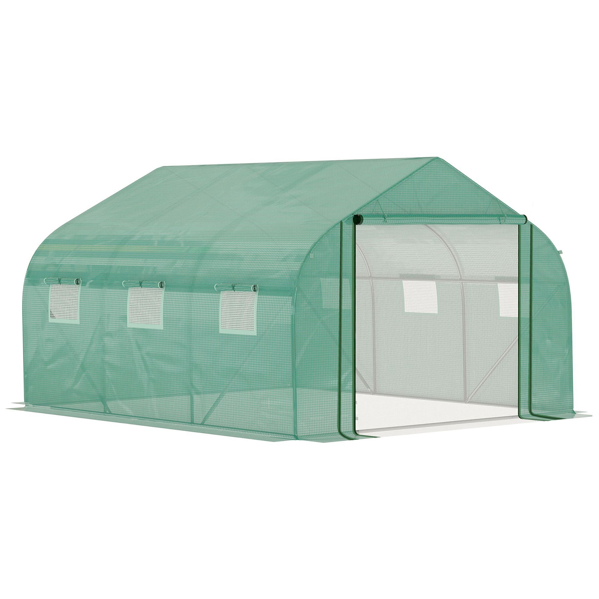Outsunny Zelena Tunnela Staklenik 3.5x3x2 m Staklenik za Vrt sa Vrata i 6 PVC Prozora s Rol-up Pokrovom 140g/m² Galvanizirani Metal za Uzgoj Biljaka i Cvijeća
