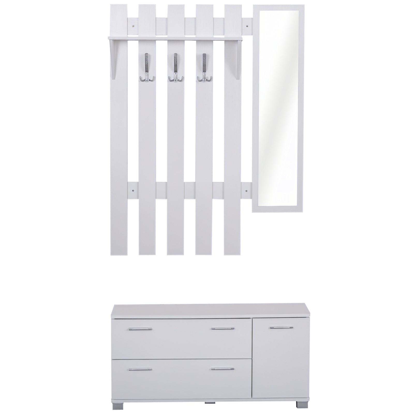 Set d'Entrée HOMCOM avec Miroir, Porte-Manteau et Armoire à Chaussures - Mobilier d'Entrée avec 3 Crochets, Étagère et 2 Tiroirs pour Hall
