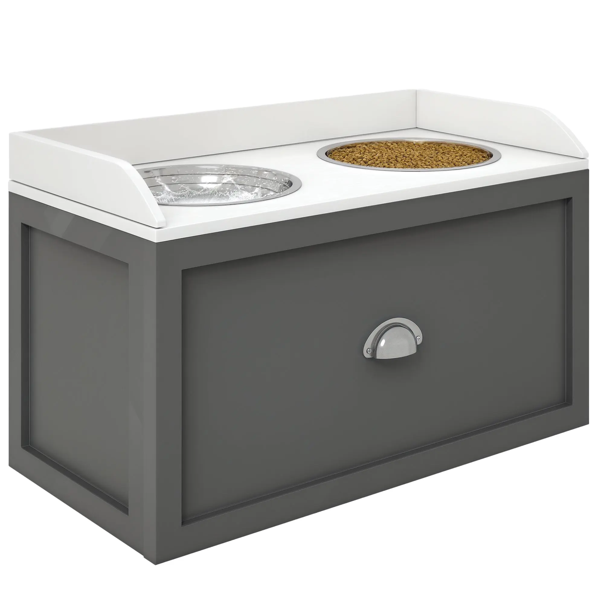 Dog Bowl, 2 x 2L Feeding Bowl, Elevated Food Bowl with Drawer, Stainless Steel Bowl, Feeding Station for Large Dogs, Gray