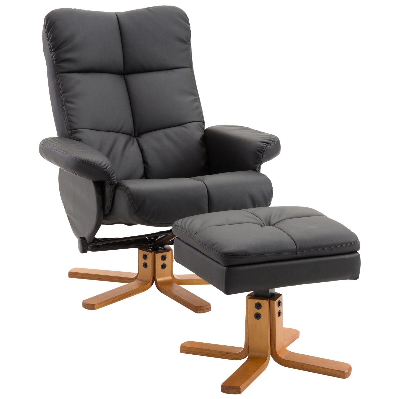 Recliner Chair with Footstool Storage 360° Swivel TV Chair Adjustable Backrest Faux Leather Lounge Chair Black