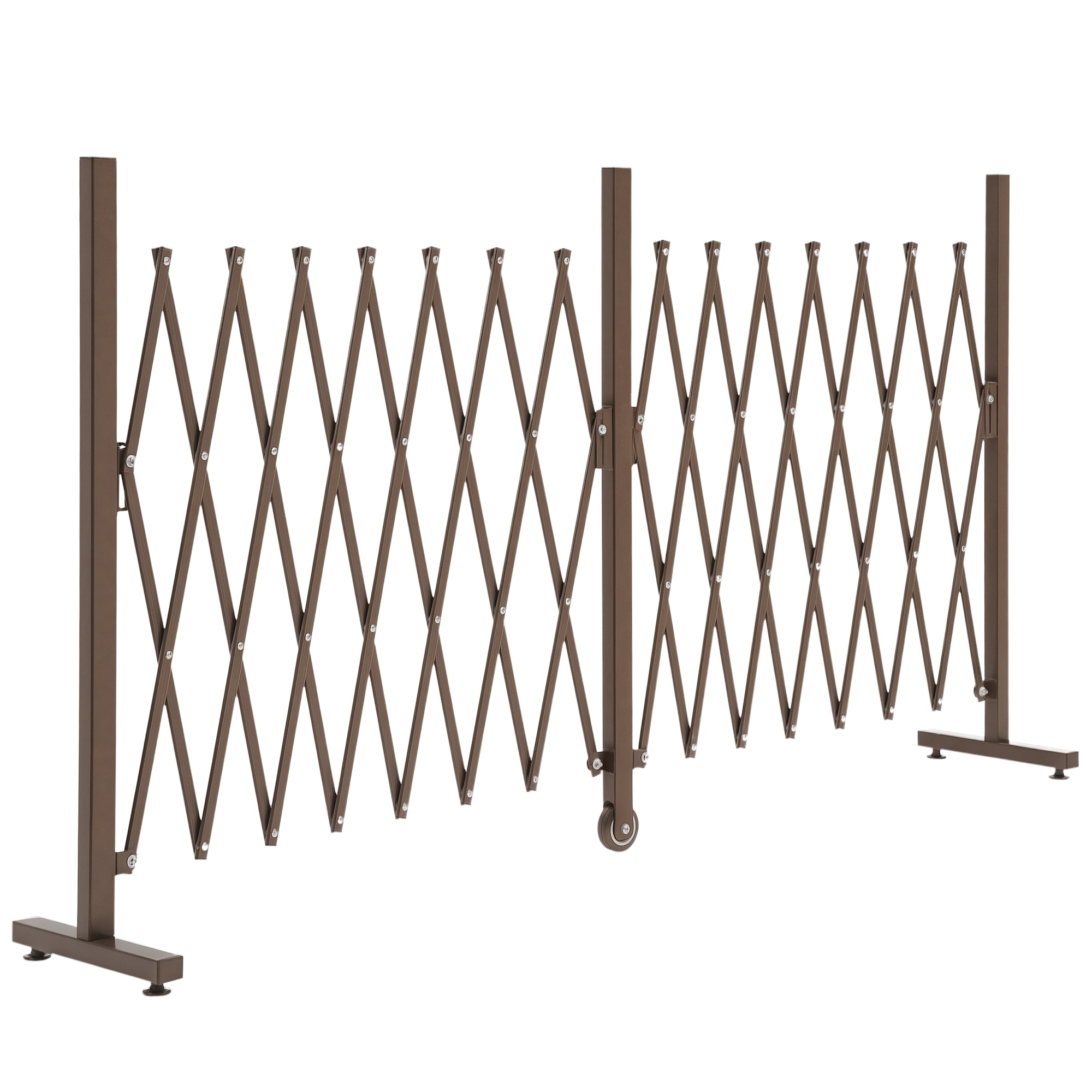 Expandable Garden Fence 52–405 cm, Freestanding Scissor Gate Barrier with Support Wheel, Portable Aluminium Trellis Fence, Outdoor Room Divider for Driveway Patio Balcony, Dark Brown