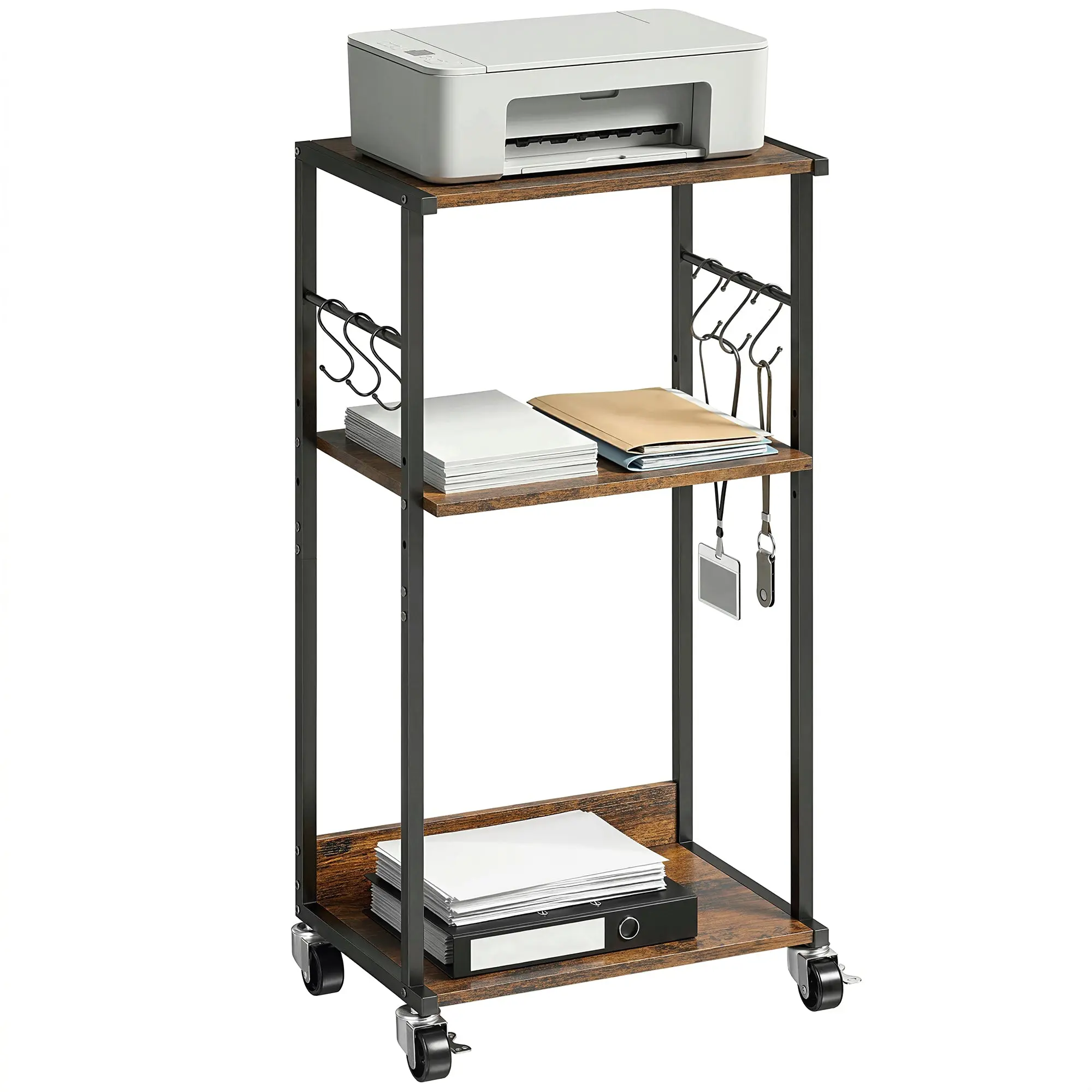 3-Tier Printer Cart, Mobile Printer Stand with Wheels & Brakes and 6 Side Hooks, Space-Saving Metal & Wood, for Home/Office/Studio/Industrial, 43 x 30 x 82 cm (17 x 12 x 32 in), Rustic Brown