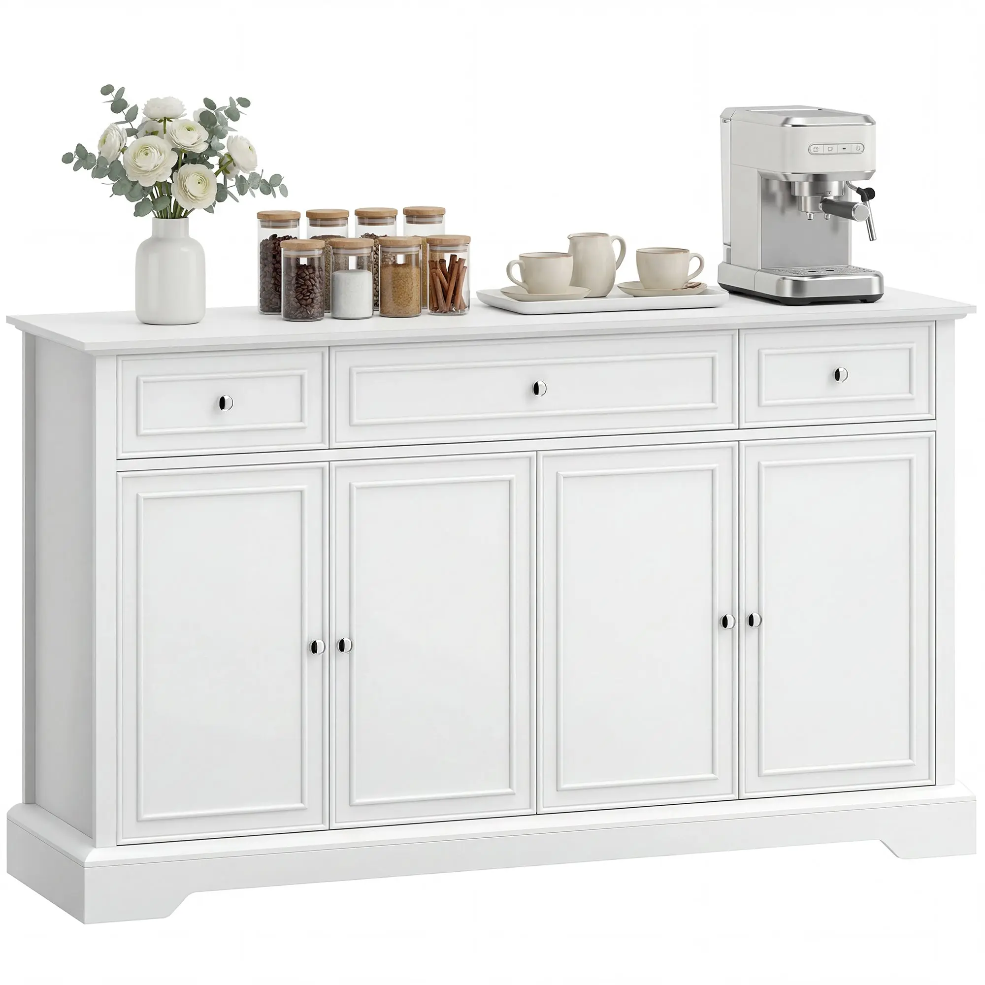 Sideboard Storage Cabinet, 3 Drawers, 4 Soft-Close Doors, Adjustable Shelves – Modern White (Fits TVs up to 55"), 53.5" x 15" x 31.5"