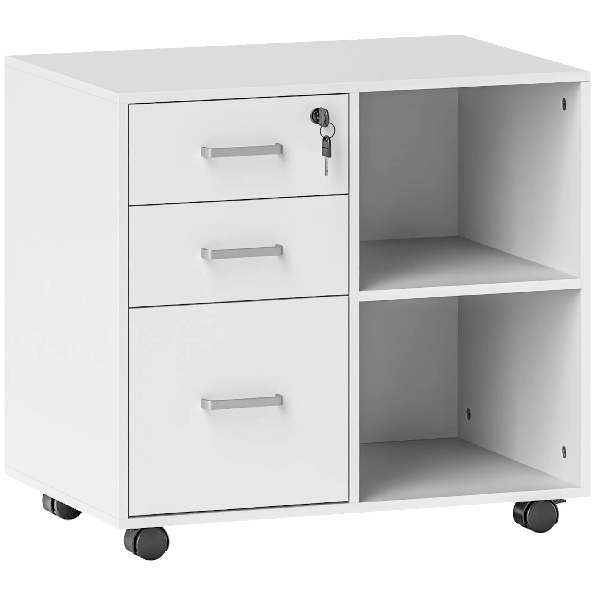 Office Document Storage Drawer with 3 Drawers, Wooden Office Furniture with Wheels, 2 Compartments and Lockable Drawer with Keys, for Office and Study, 60x40x56 cm, White