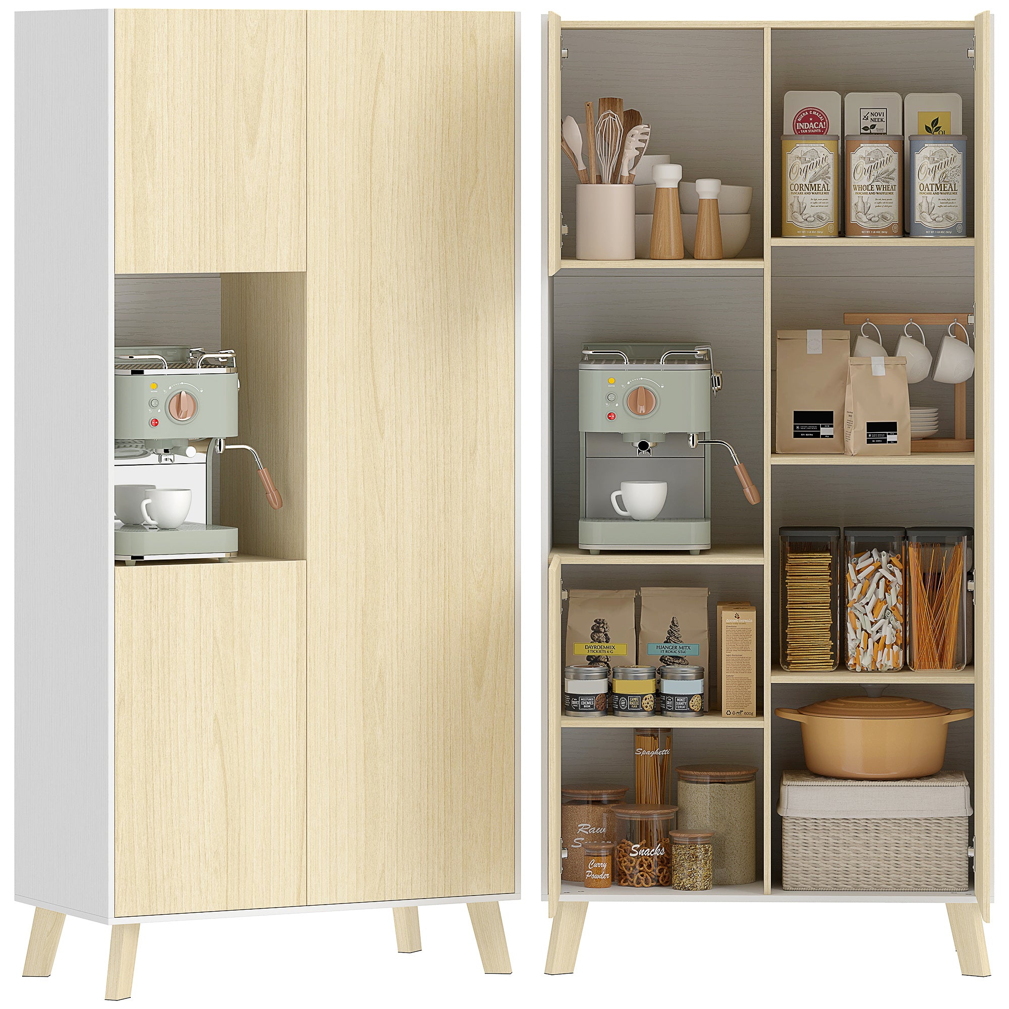 HOMCOM hoher Vorratsschrank mit offenem Fach, 3 Türen, verstellbaren Einlegeböden – Moderner Küchenschrank, Natur/Weiß, 80 x 40 x 170 cm