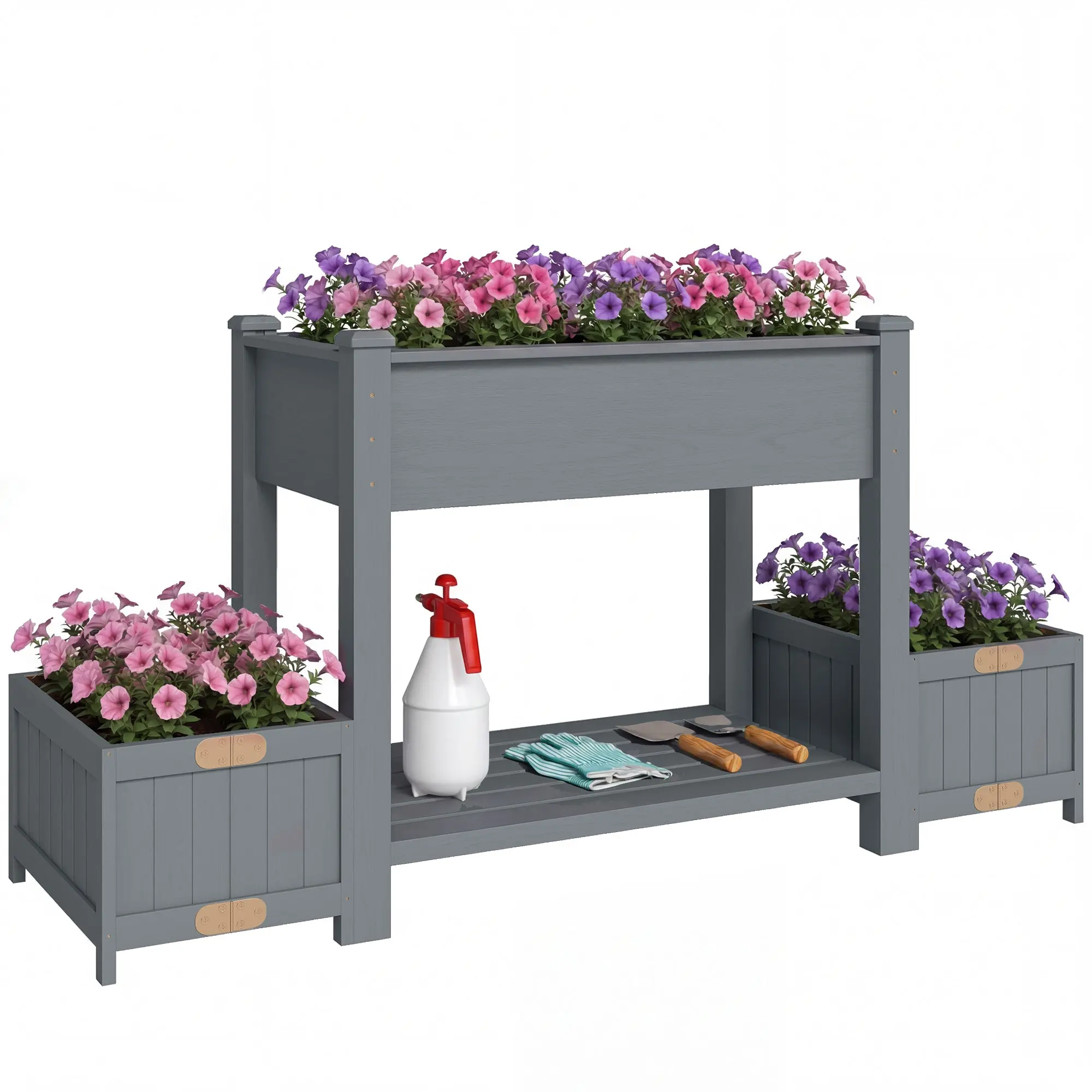 Raised Garden Bed with 2 Foldable Side Pots & Shelf, Outdoor Raised Planter in Fir Wood with Liner and Drainage Holes, for Flowers & Vegetables — 149 x 46 x 76 cm (58.7 x 18.1 x 29.9 in), Gray