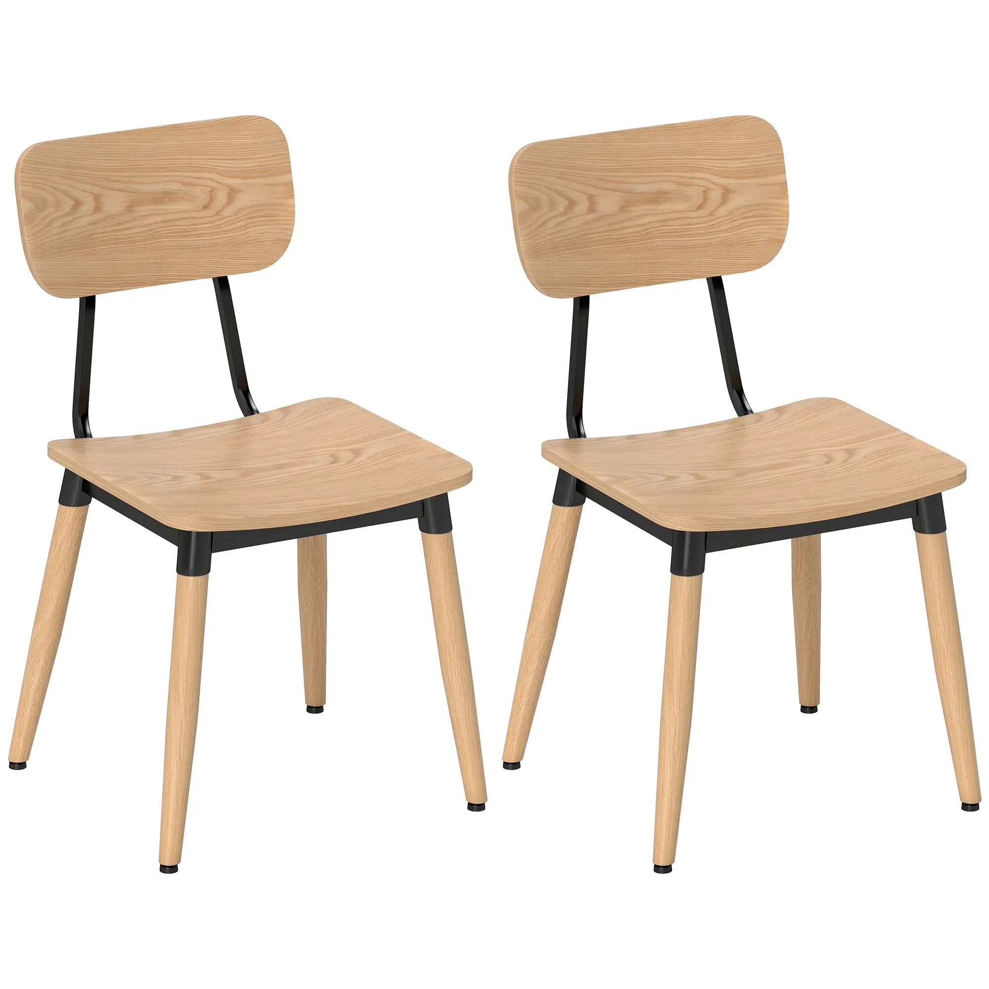 Set of 2 Dining Chairs Modern Kitchen Chairs with Steel Legs and Curved Backrest for Dining Room, Bedroom, Living Room, Natural Wood Effect