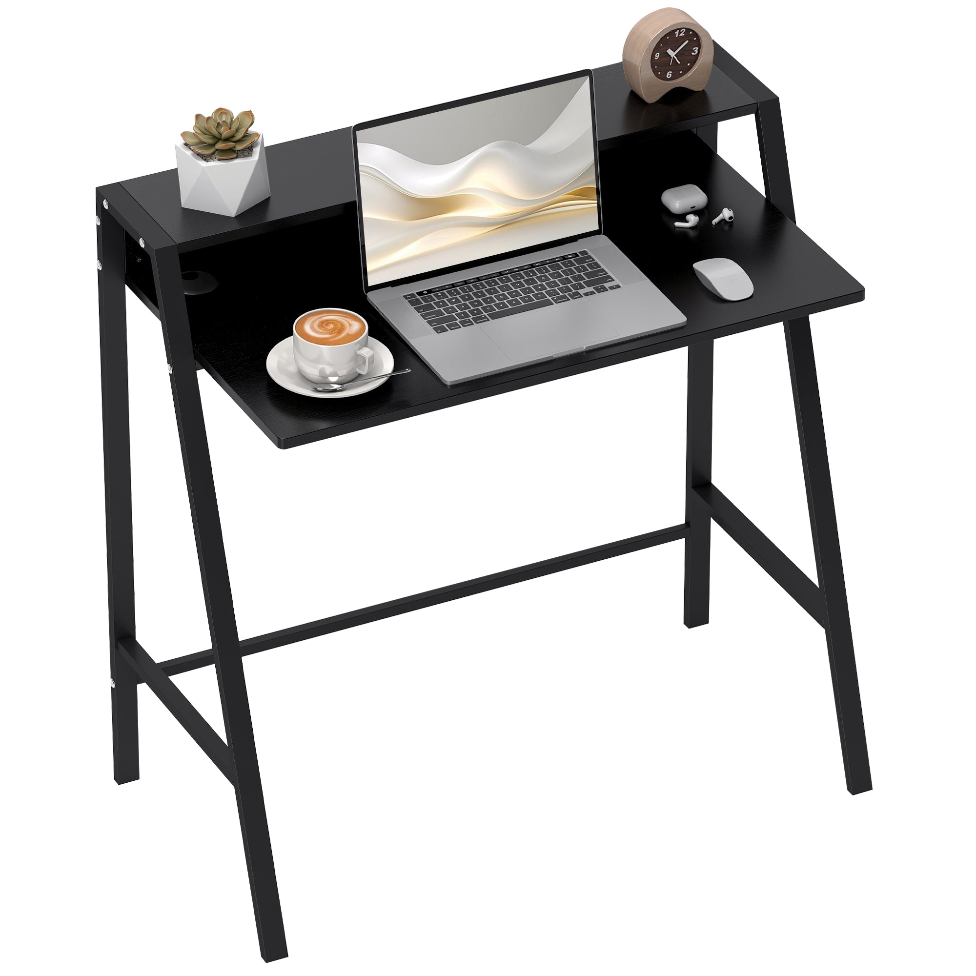 HOMCOM Skrivebord, Computerdisk med Hylde og Kabelstyring, Moderne Skrivebord med Metalramme til Studie, Soveværelse, Hjemmekontor, 84 x 45 x 85 cm, Sort