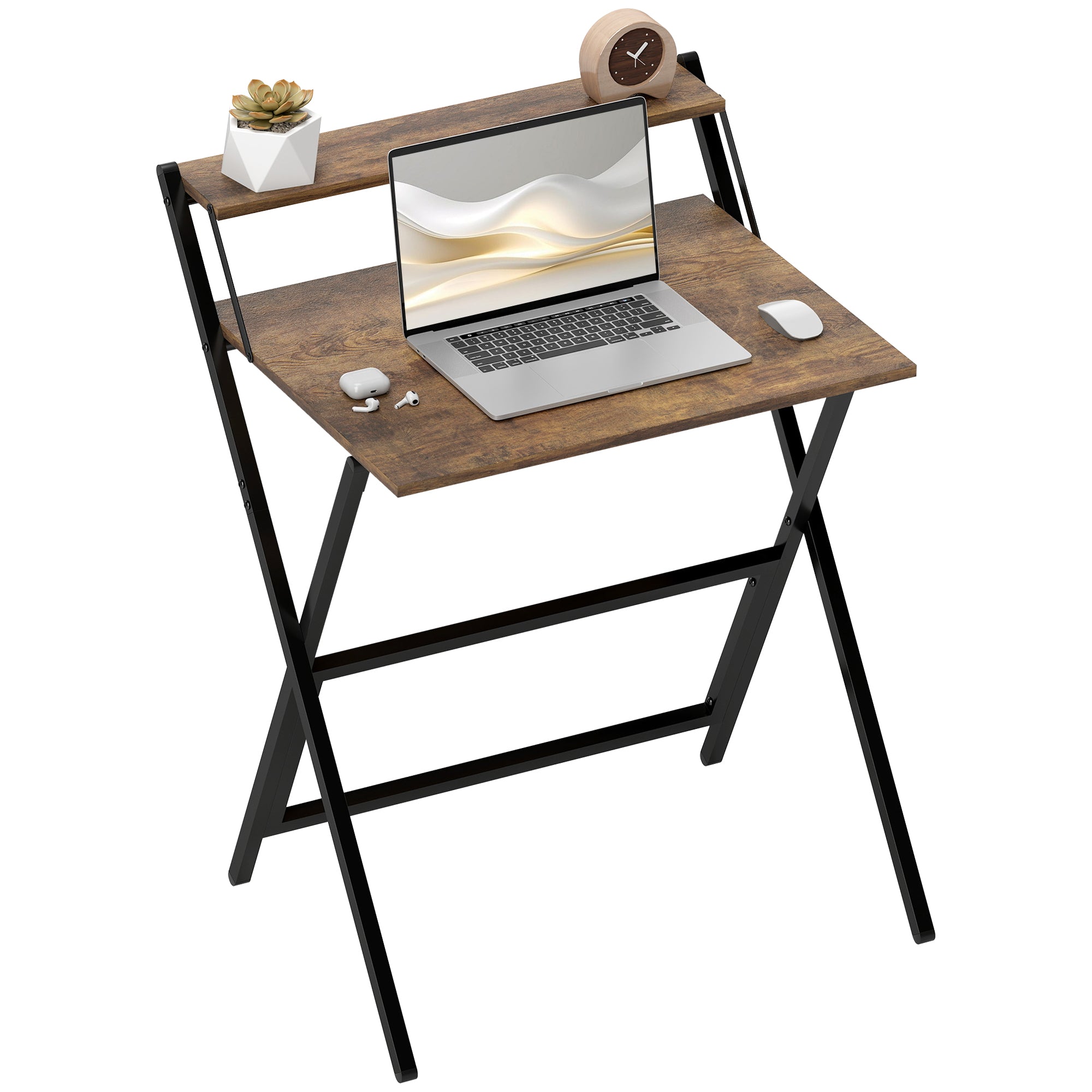 HOMCOM sammenklappeligt computerbord 65,5 × 45 cm med opbevaringshylde — Rustik brun