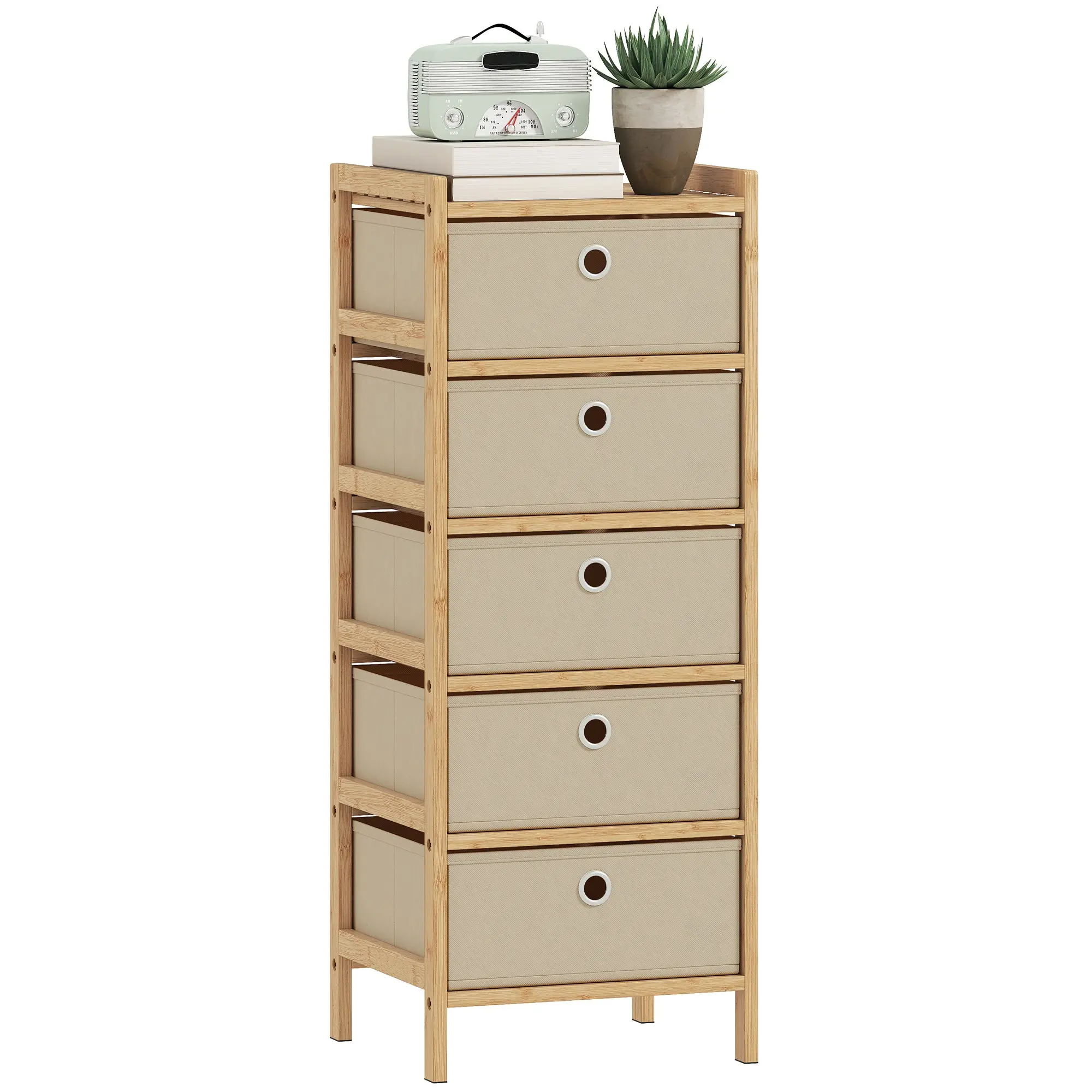 5-Drawer Fabric Chest with Bamboo Top — Slim Storage Cabinet for Bedroom, Living Room, Office, Closet — Cream & Natural
