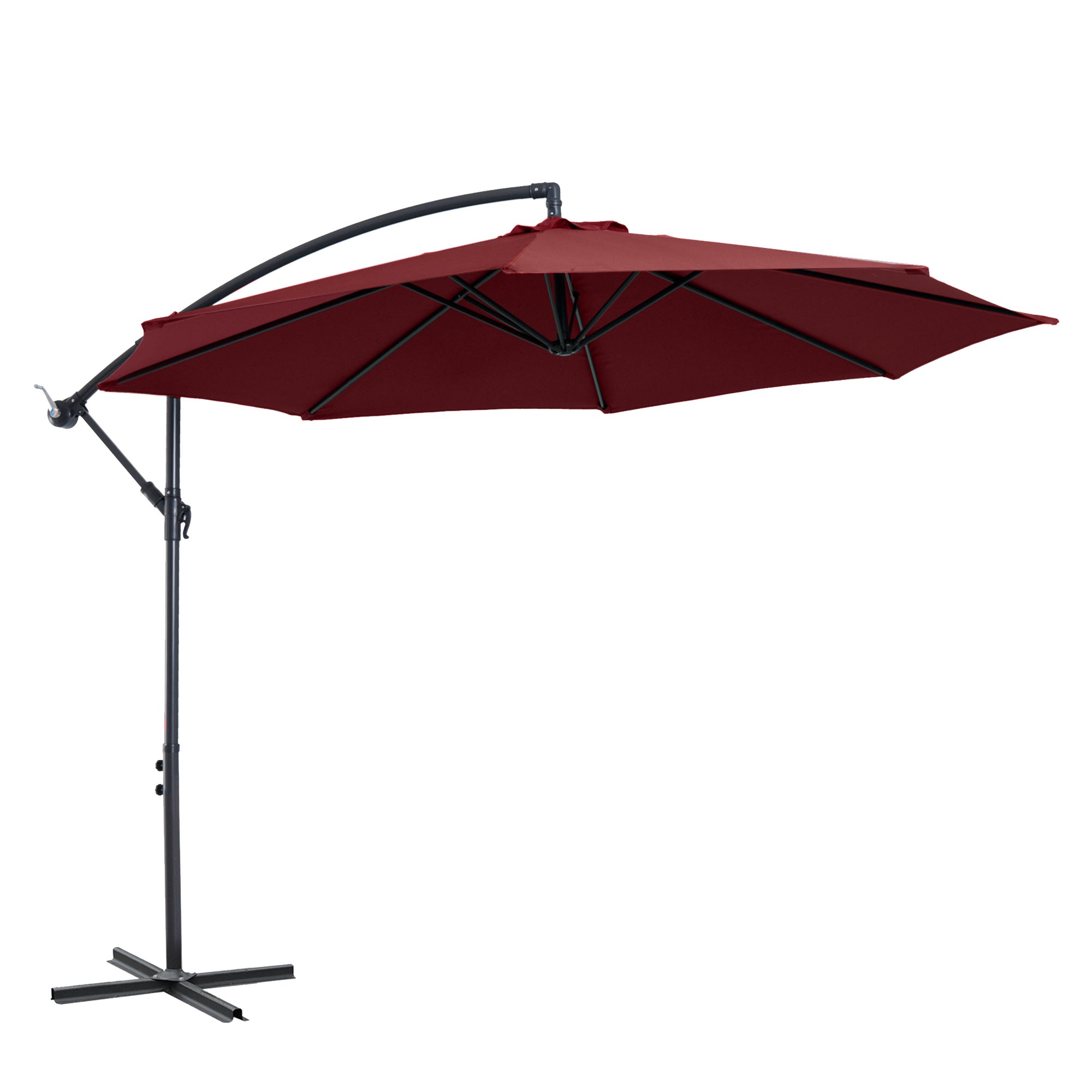 Parasol Excentré Outsunny Ø 295 cm avec Base Croisée et Manivelle, Parasol de Jardin Garnet