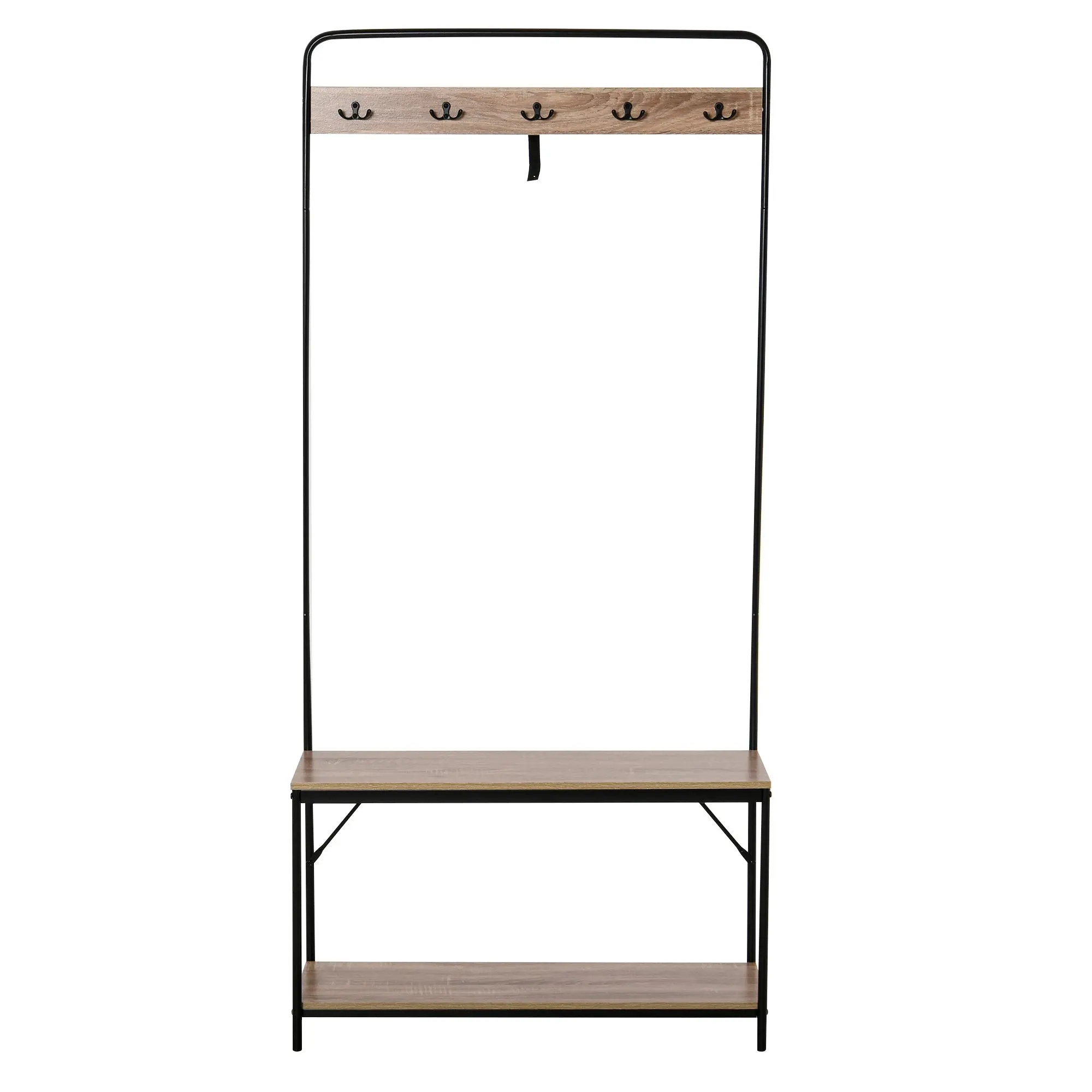Coat Rack with Bench and Shoe Rack in Industrial Style, Vintage Wooden and Black Steel Entryway Furniture