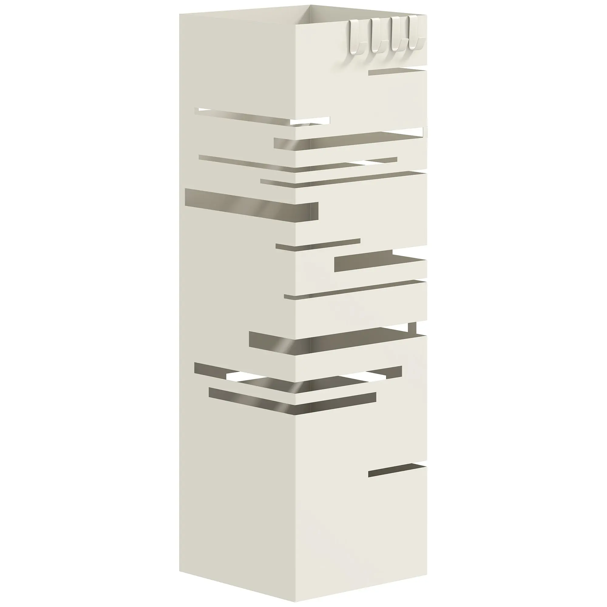 Square Metal Umbrella Stand for Entryway — Freestanding with Removable Drip Tray & 4 Hooks, Indoor/Outdoor, Beige