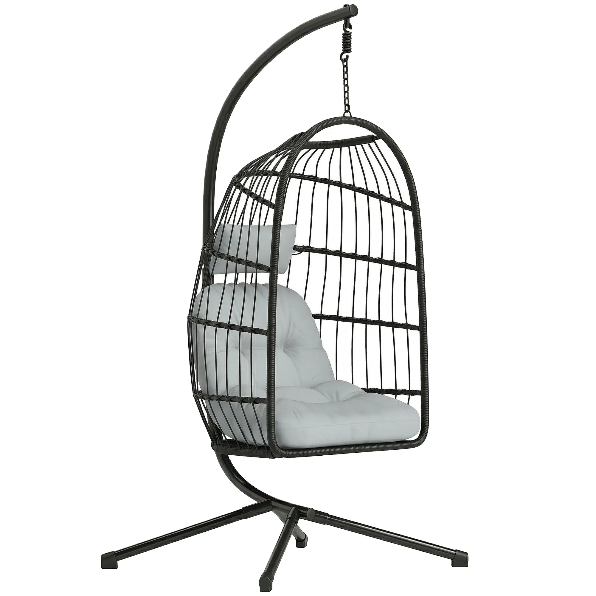 Hanging Egg Chair with Stand — Foldable PE Rattan Swing, Thick Cushion & Headrest, Adjustable Height, Light Gray