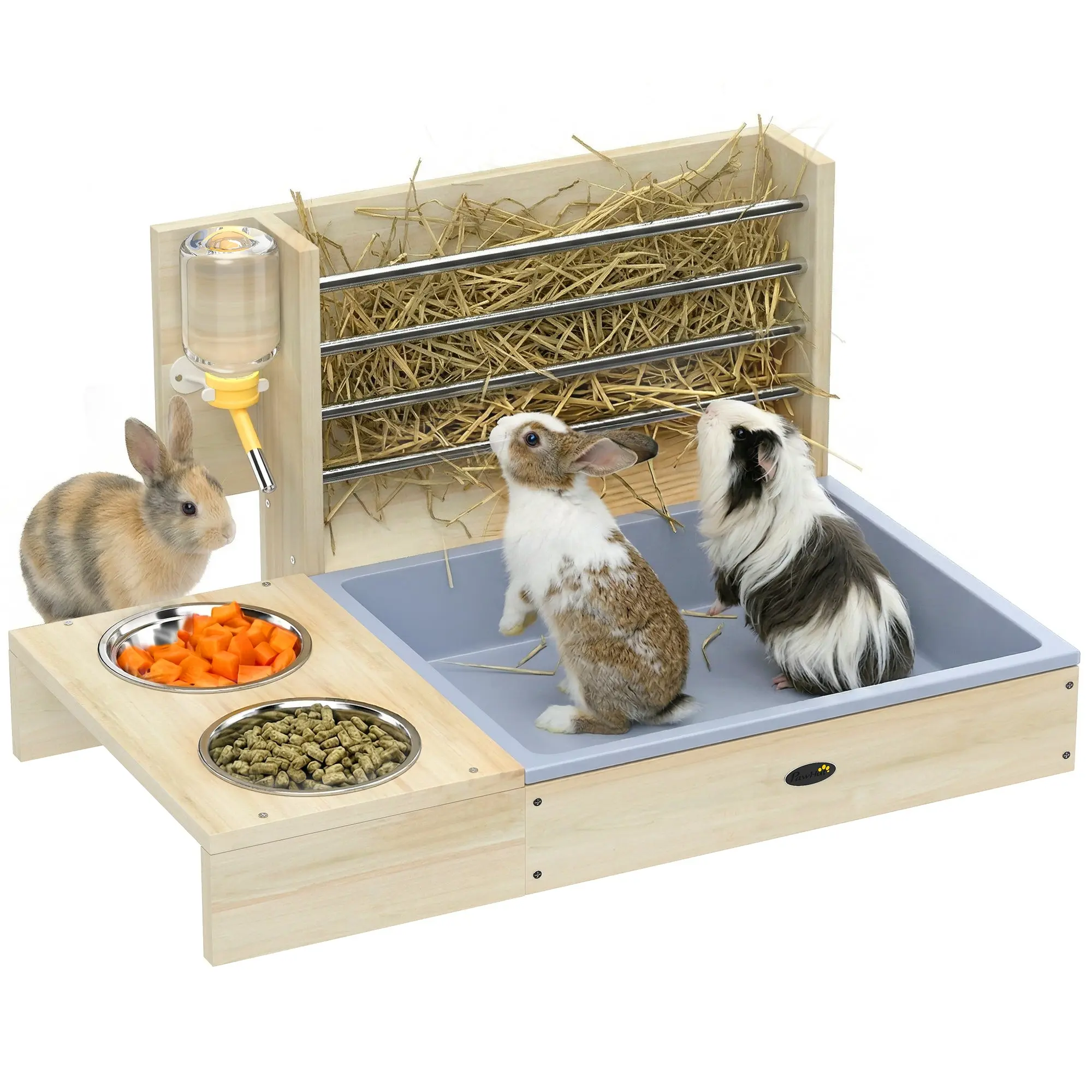 3-in-1 Wooden Hay Feeder with Removable Litter Tray & Water Bottle — Stainless Steel Bowl, Natural Pine