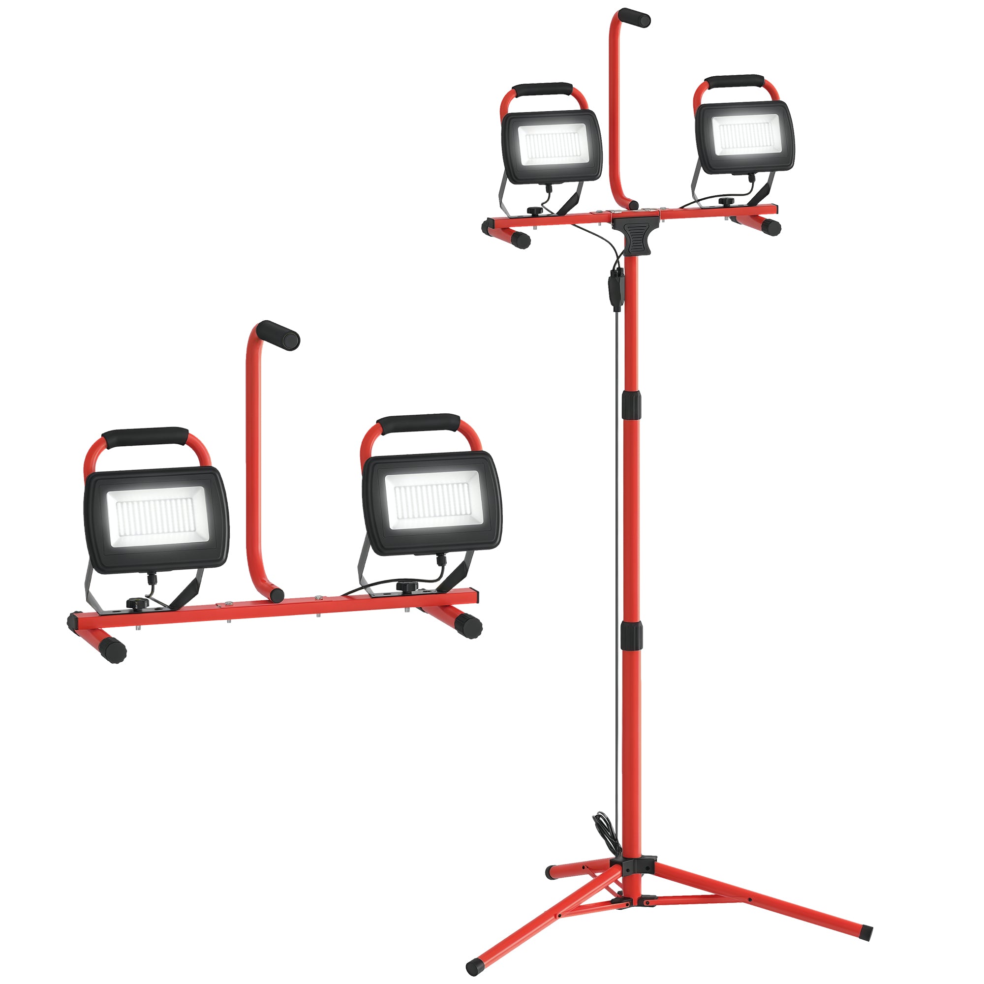 HOMCOM Aluminium Doppel-LED-Scheinwerfer mit faltbarem Stativ, 8500 Lumen, IP65, 6500K und verstellbaren Köpfen für Innen- und Außenarbeiten in Rot und Schwarz