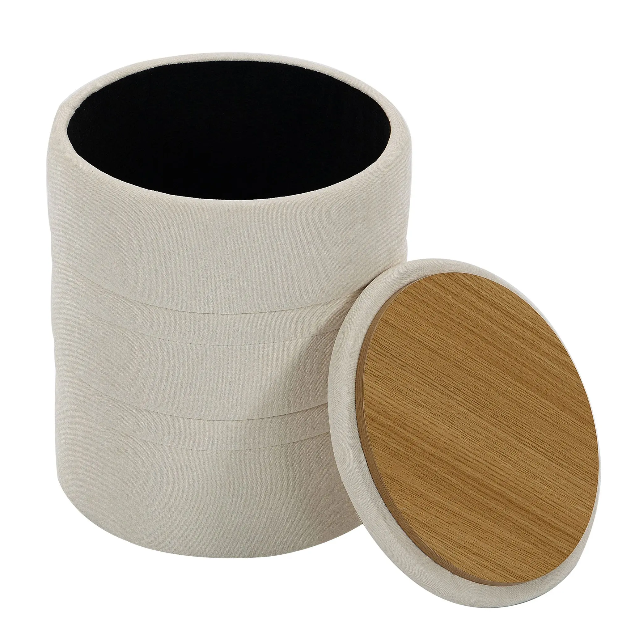 Chenille Storage Ottoman, Round Lid Footstool & Hidden Storage, for Bedroom/Entry/Living Room, Supports 265 lb, 14.4" Ø x 18.3" H, Beige