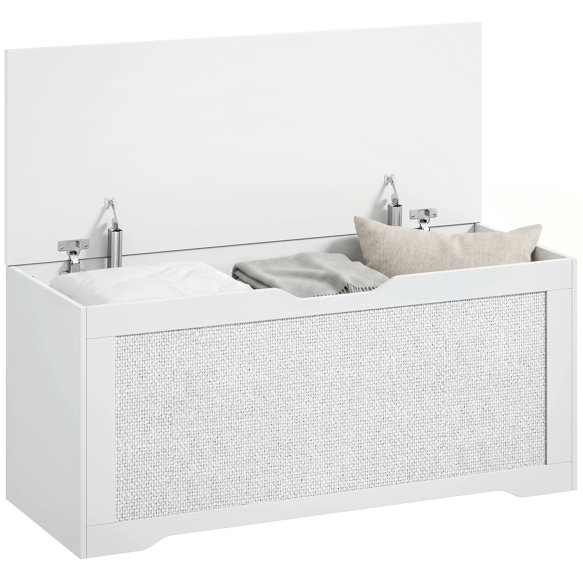 108 L Storage Bench with PE Rattan Panels — Lift-Up Lid & Support Arms, No-Handle Design, 31.5" x 15.7" x 17.7" (80 x 40 x 45 cm), White